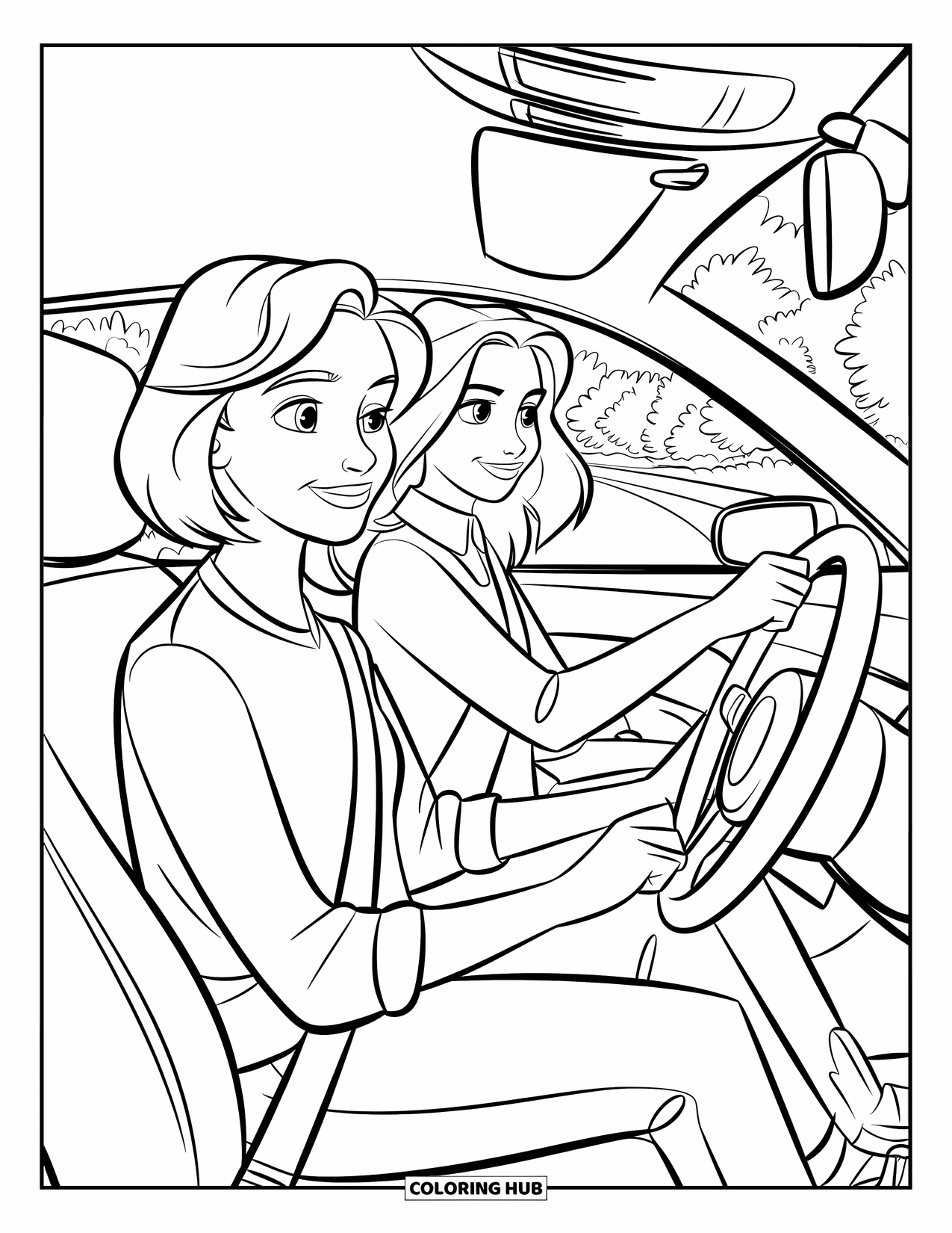Mom And Daughter Coloring Page for Kids: A mom teaching her daughter how to drive for the first time