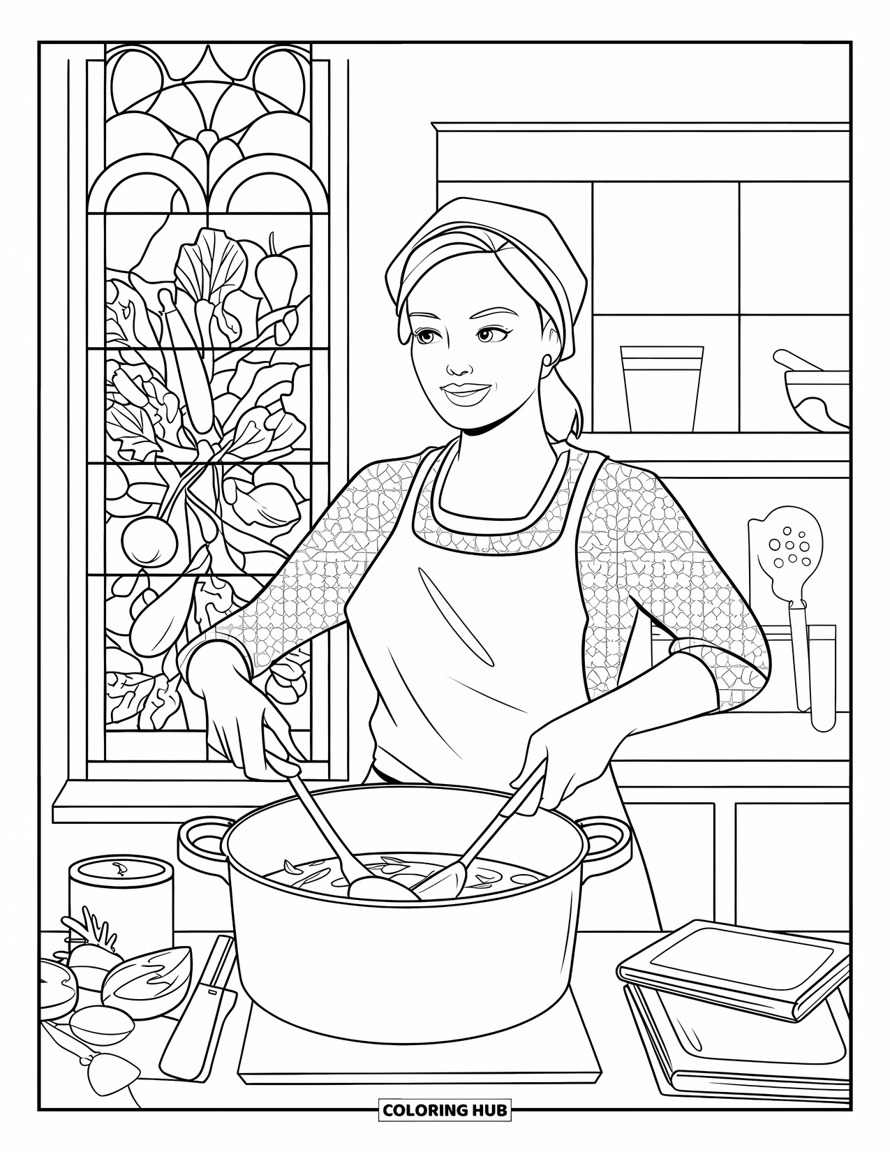 Mom Coloring Page for Adults: A chef mom prepares a meal near a stained glass kitchen window