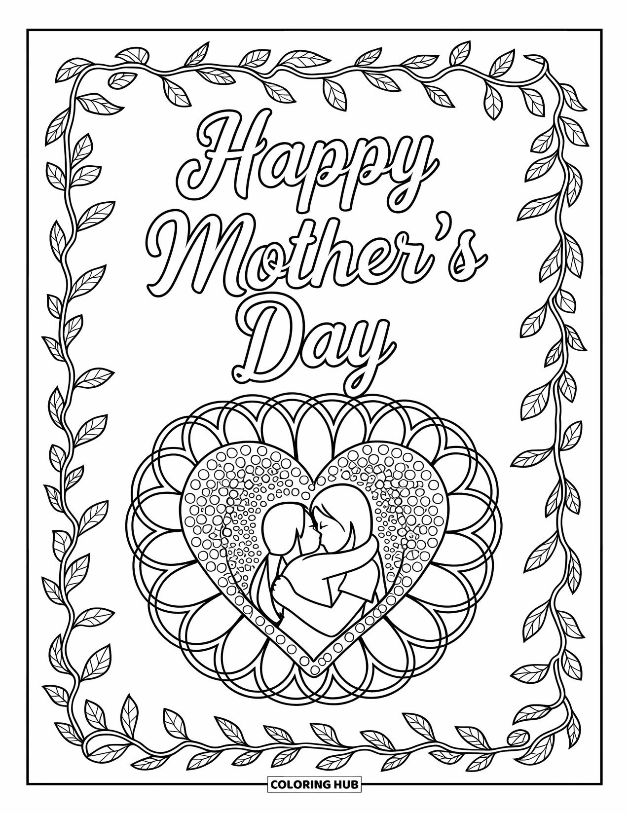 Mom Coloring Page for Adults: A circular mandala heart design with a mother and daughter hug