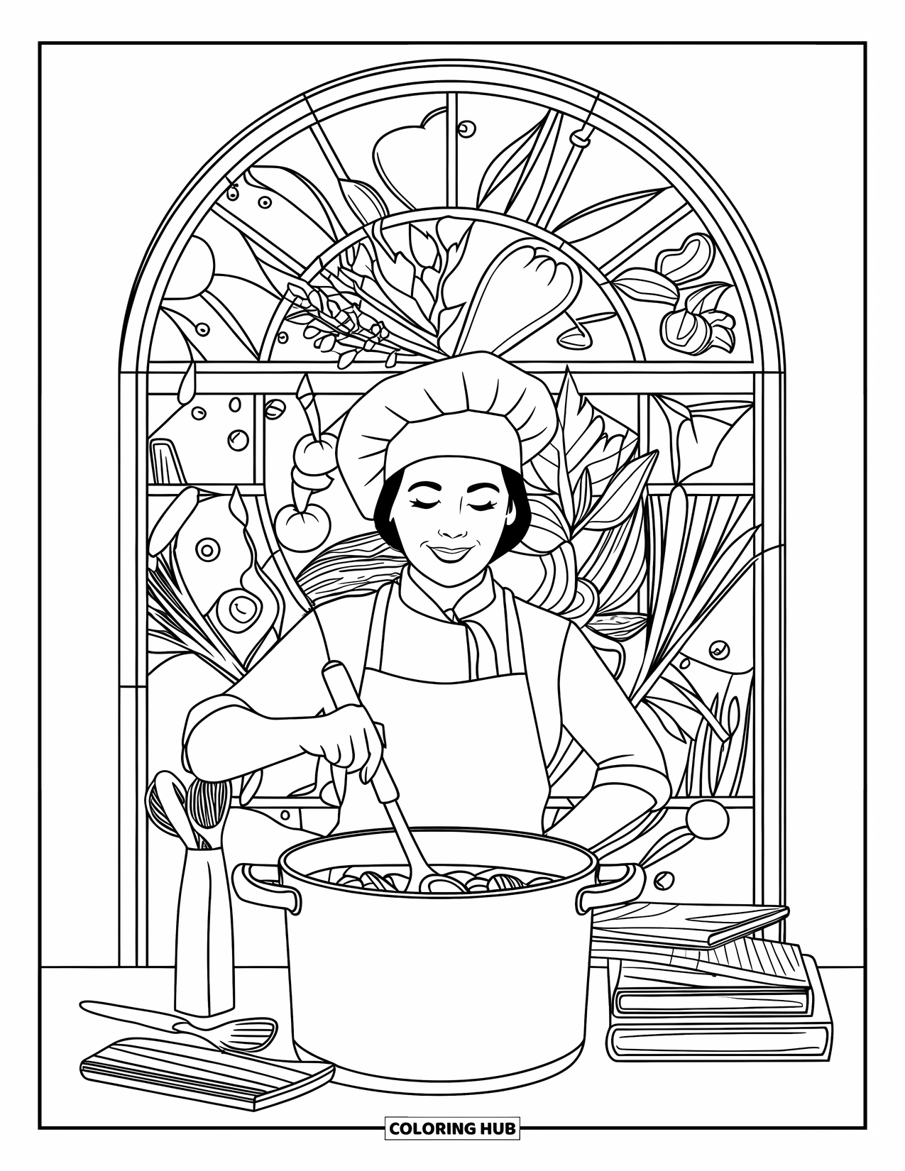 Mom Coloring Page for Adults: A cooking mom stirs a pot framed by stained glass herbs and veggies