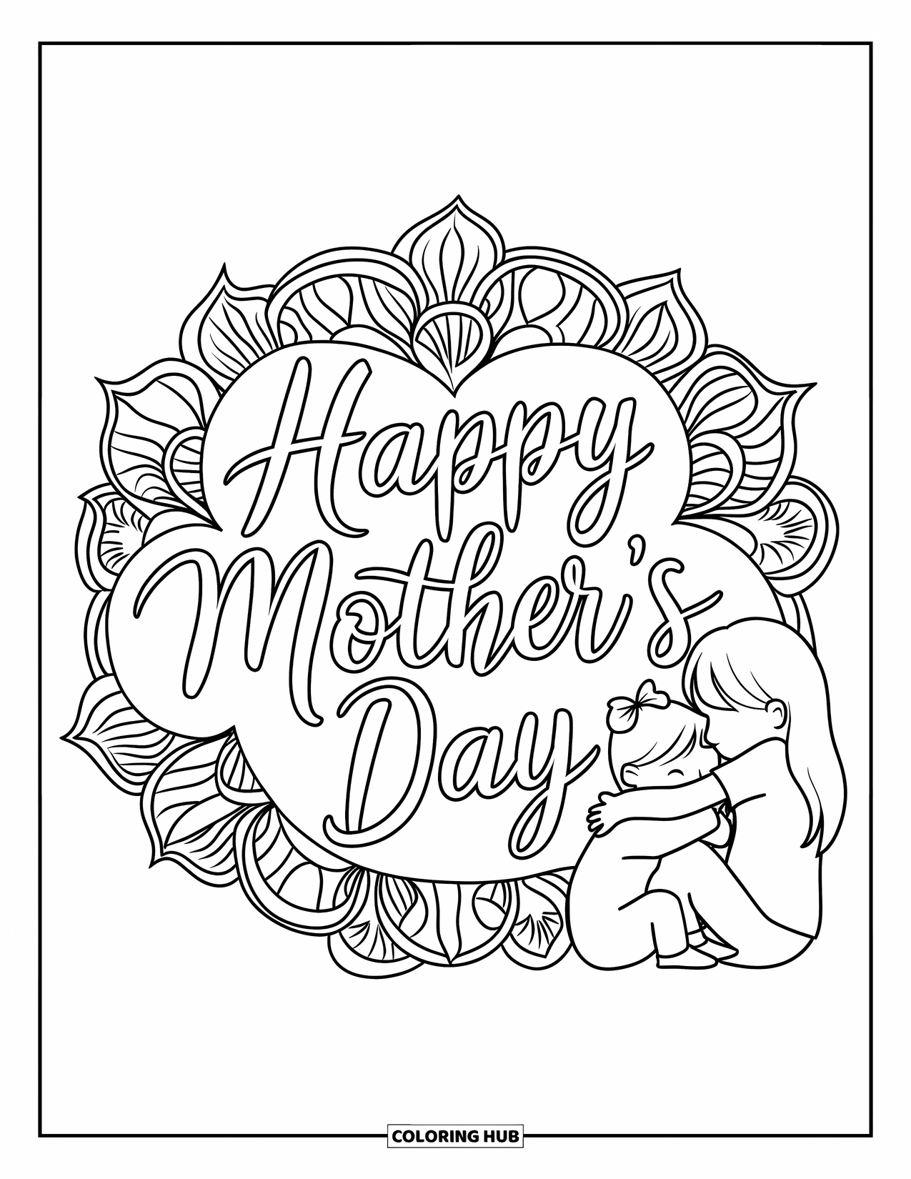 Mom Coloring Page for Adults: A "Happy Mother's Day" mandala featuring a heart and floral details