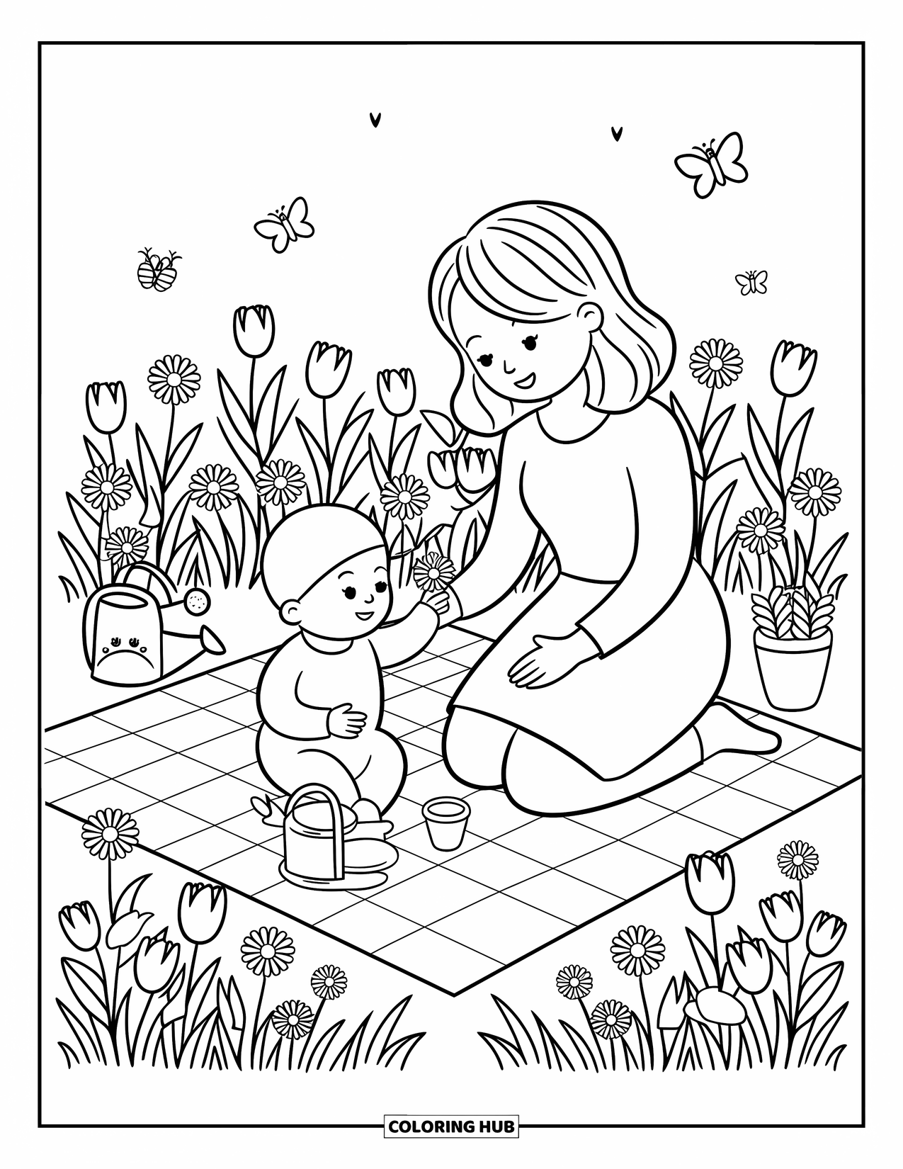 Mom Coloring Page for Adults: A mom and baby sit on a blanket surrounded by flowers and butterflies