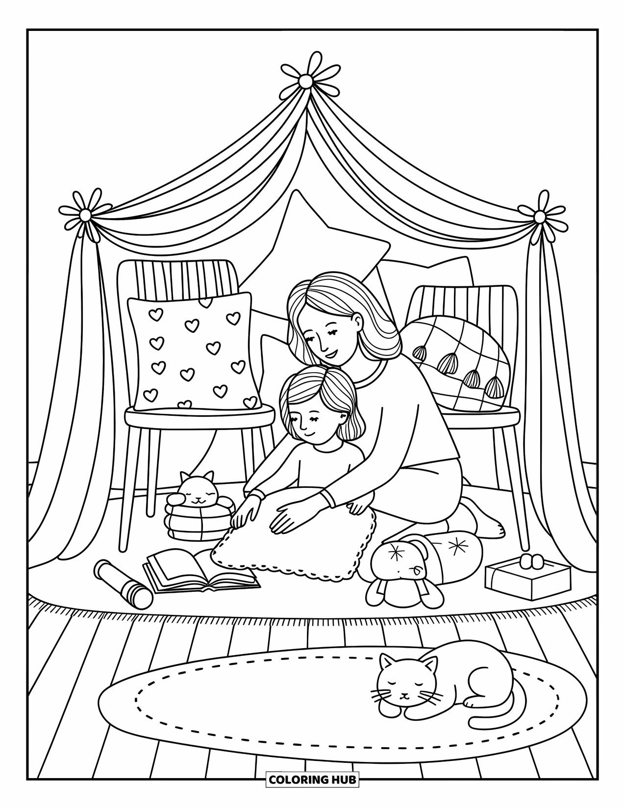 Mom Coloring Page for Adults: A mom and child share laughter under their homemade blanket fort