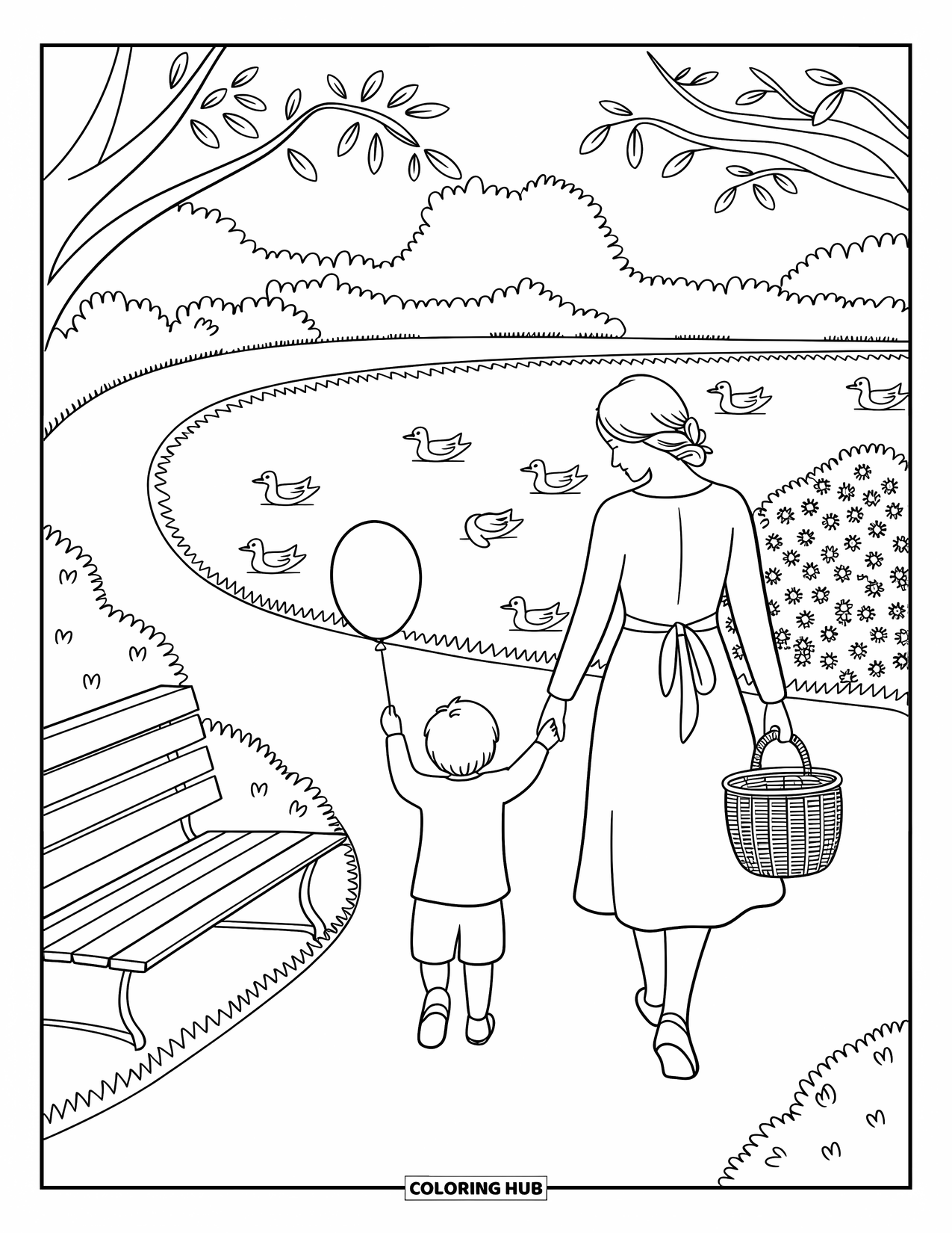 Mom Coloring Page for Adults: A mom and child stroll hand-in-hand down a tree-lined park path