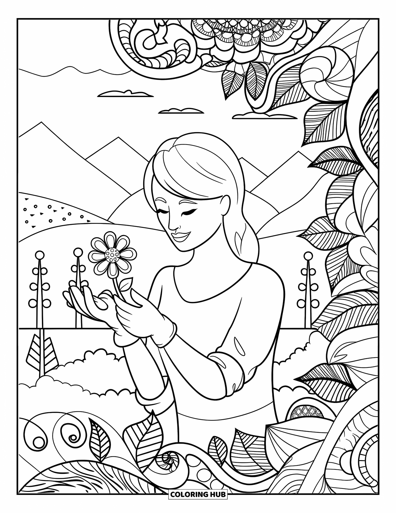 Mom Coloring Page for Adults: A mom in gloves tends flowers framed by leafy mandala designs