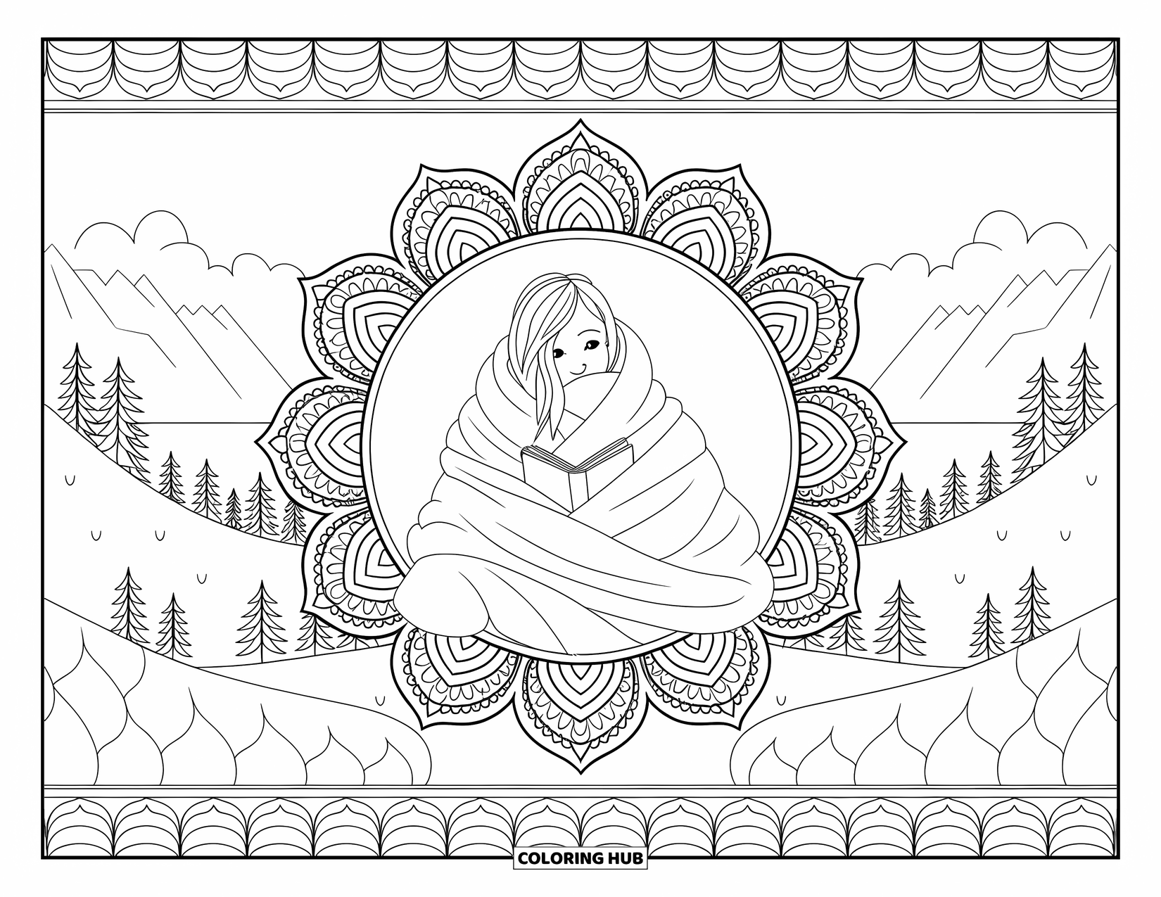 Mom Coloring Page for Adults: A mom reading wrapped in a blanket, framed by a lace mandala border