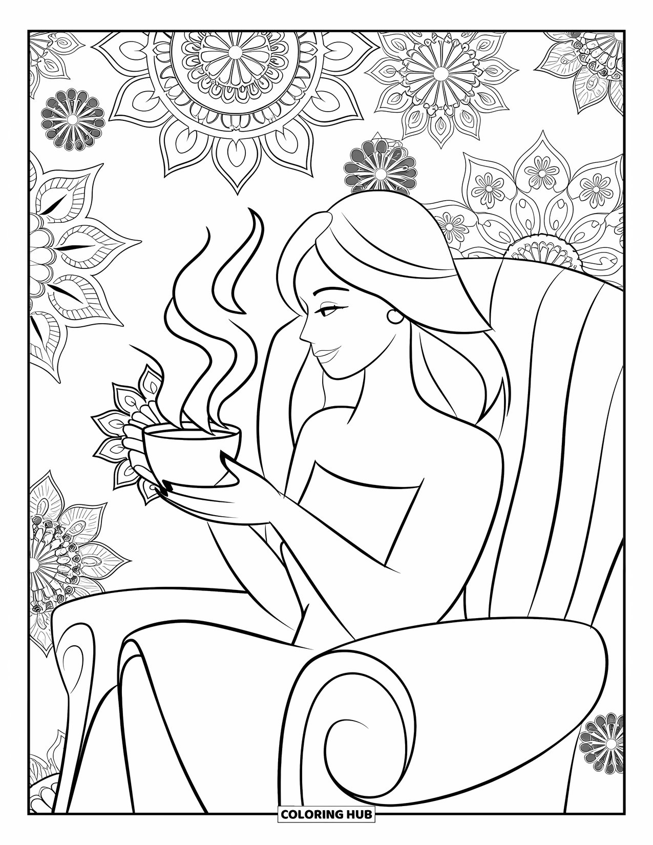 Mom Coloring Page for Adults: A mom relaxes with tea in a floral mandala armchair