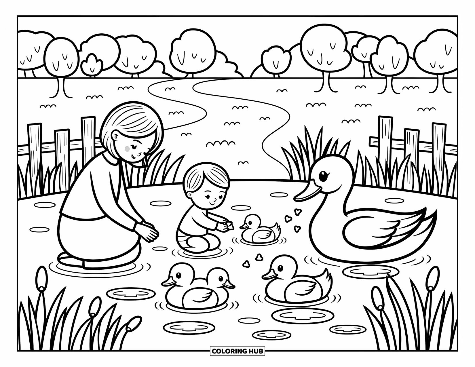 Mom Coloring Page for Adults: A mother and child scatter breadcrumbs for ducks at a quiet park pond