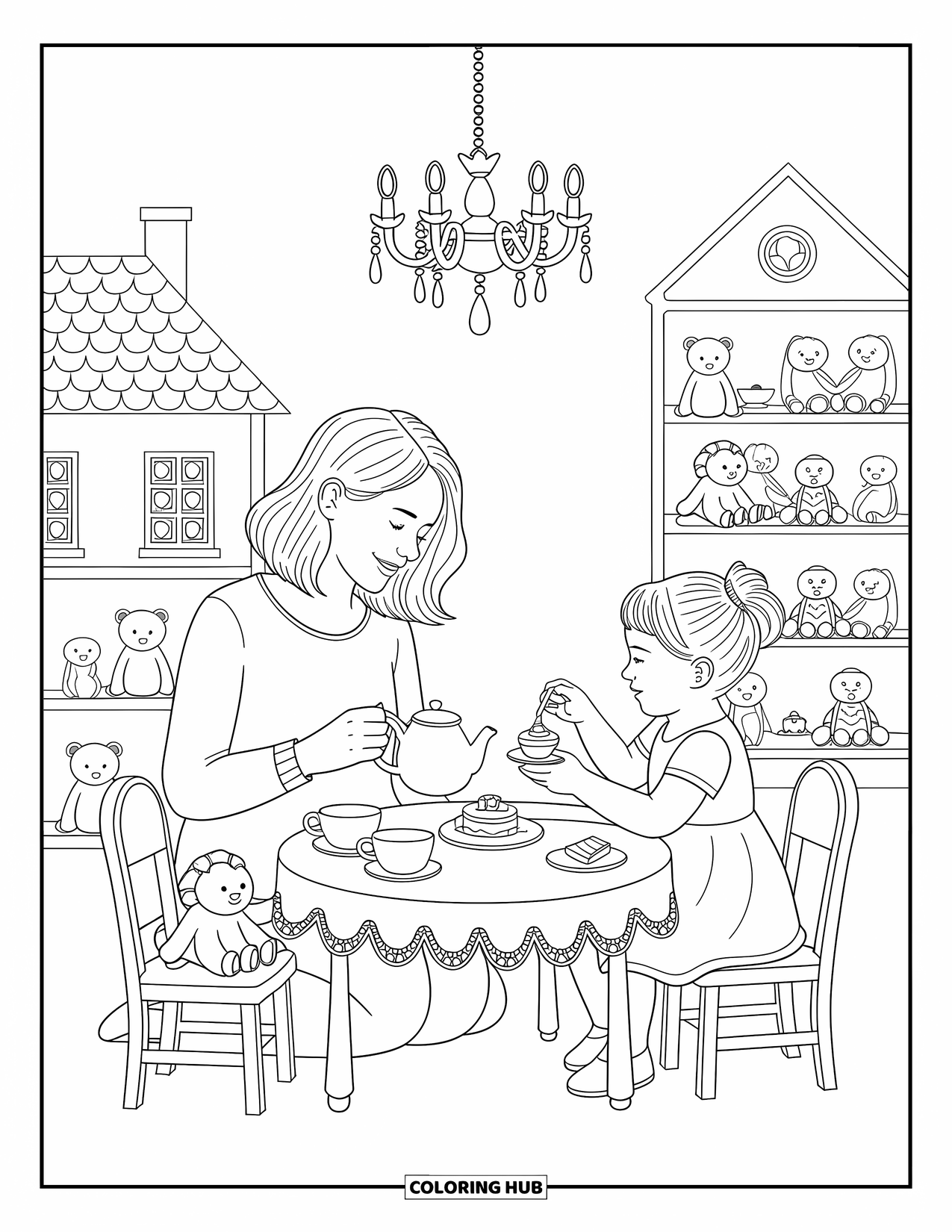 Mom Coloring Page for Adults: A mother pours tea as her daughter serves cake at their toy tea table