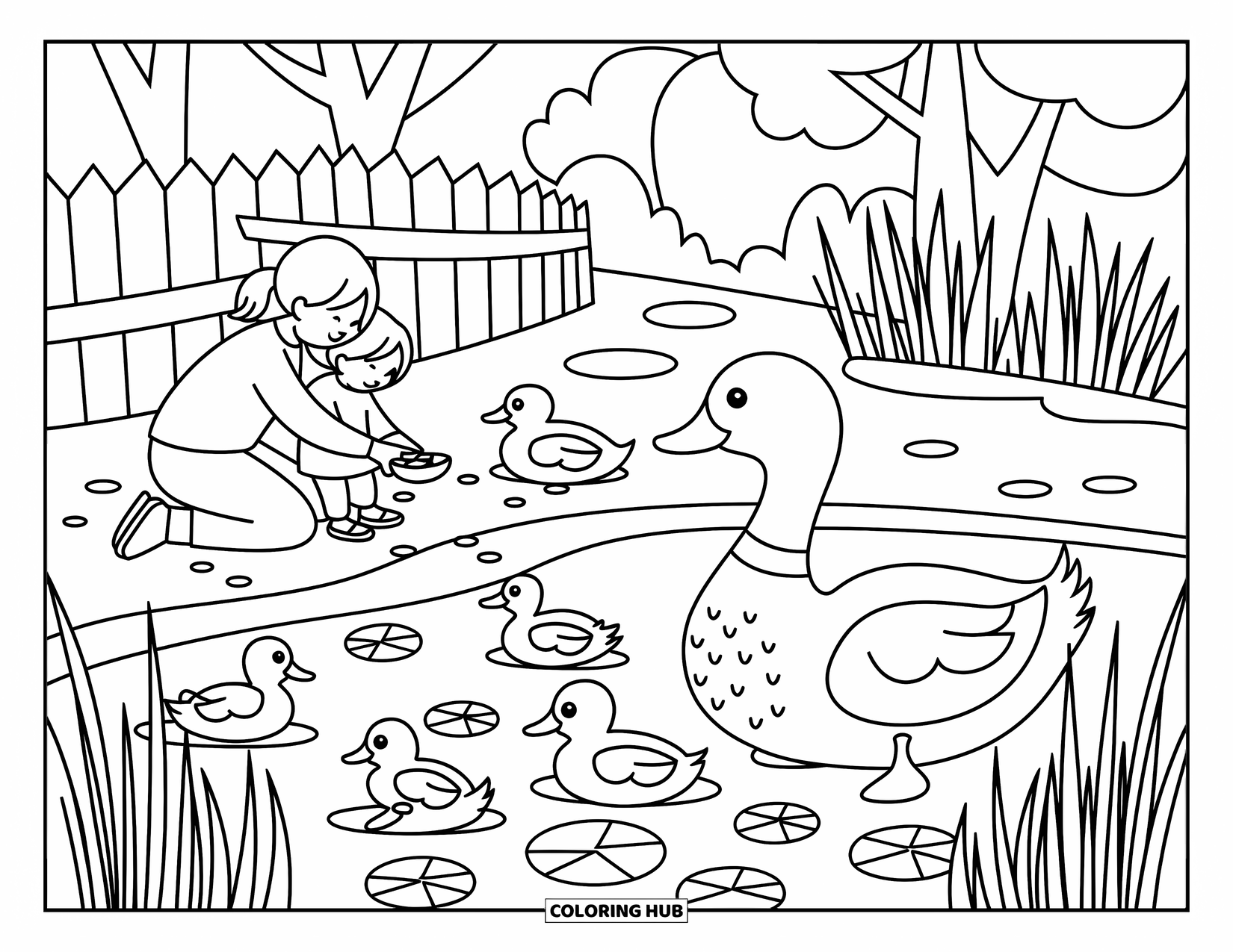 Mom Coloring Page for Adults: A peaceful park scene of a mom and child feeding ducks by the water