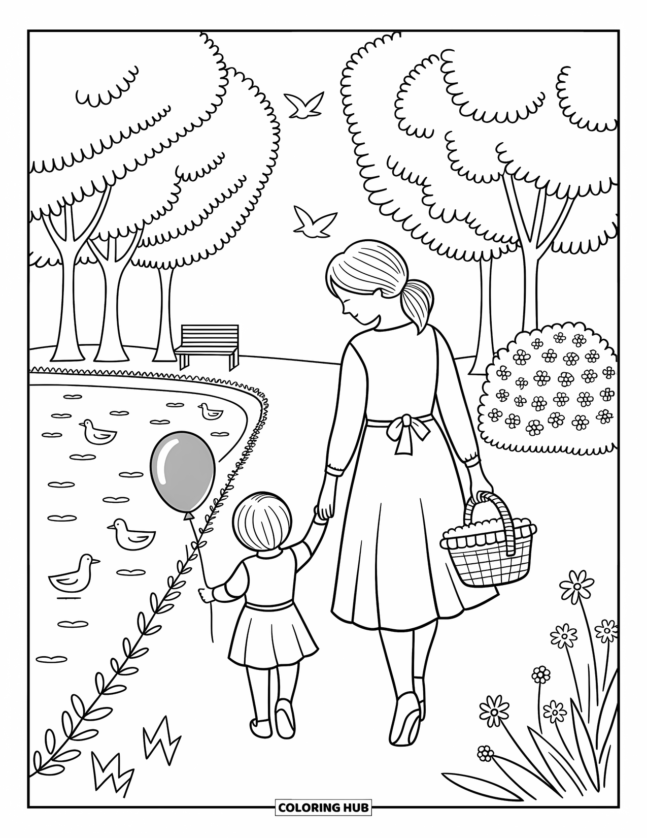 Mom Coloring Page for Adults: A peaceful park stroll with a mom, her child, and a picnic basket