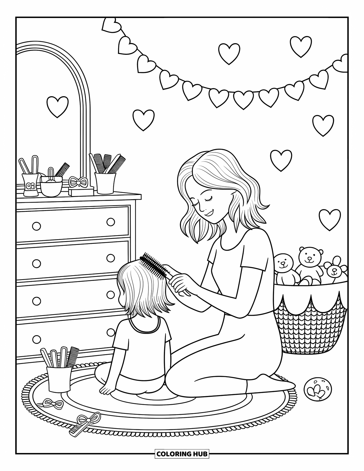 Mom Coloring Page for Adults: A sweet morning scene of a mom gently brushing her childís hair