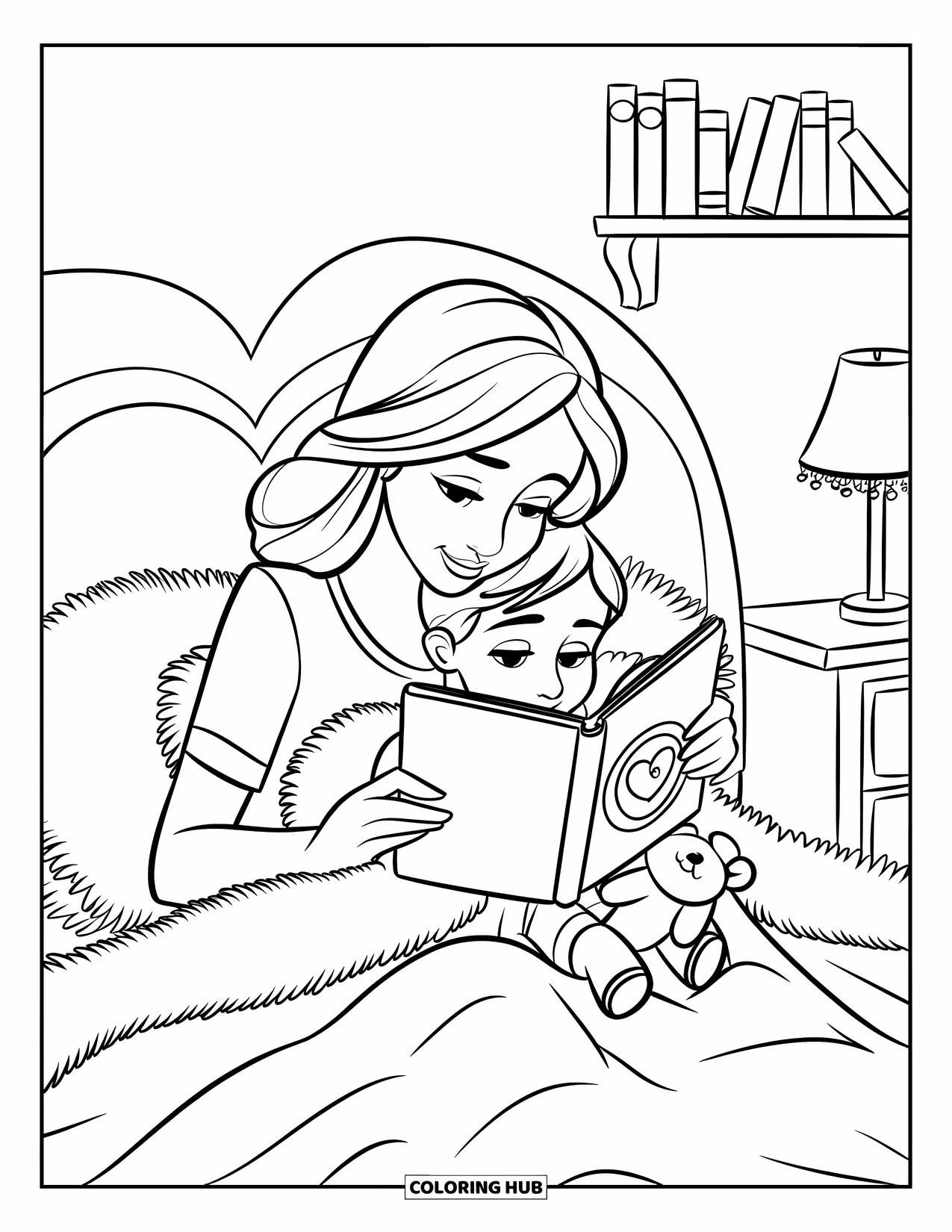 Mom Coloring Page for Kids: A bedtime story moment with mom, child, teddy bear, and heart pillow