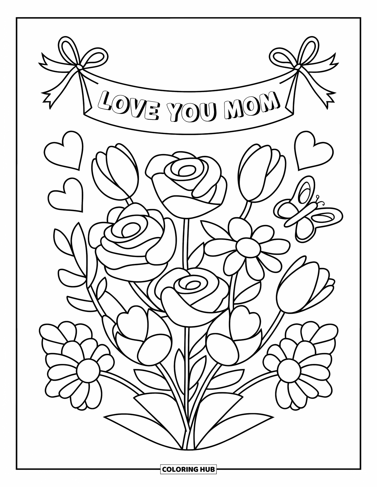 Mom Coloring Page for Kids: A bouquet of roses and tulips under a ìLove You Momî sign