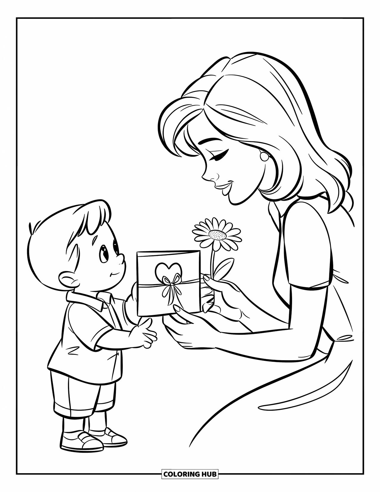 Mom Coloring Page for Kids: A boy gives his mom a handmade card and a flower gift
