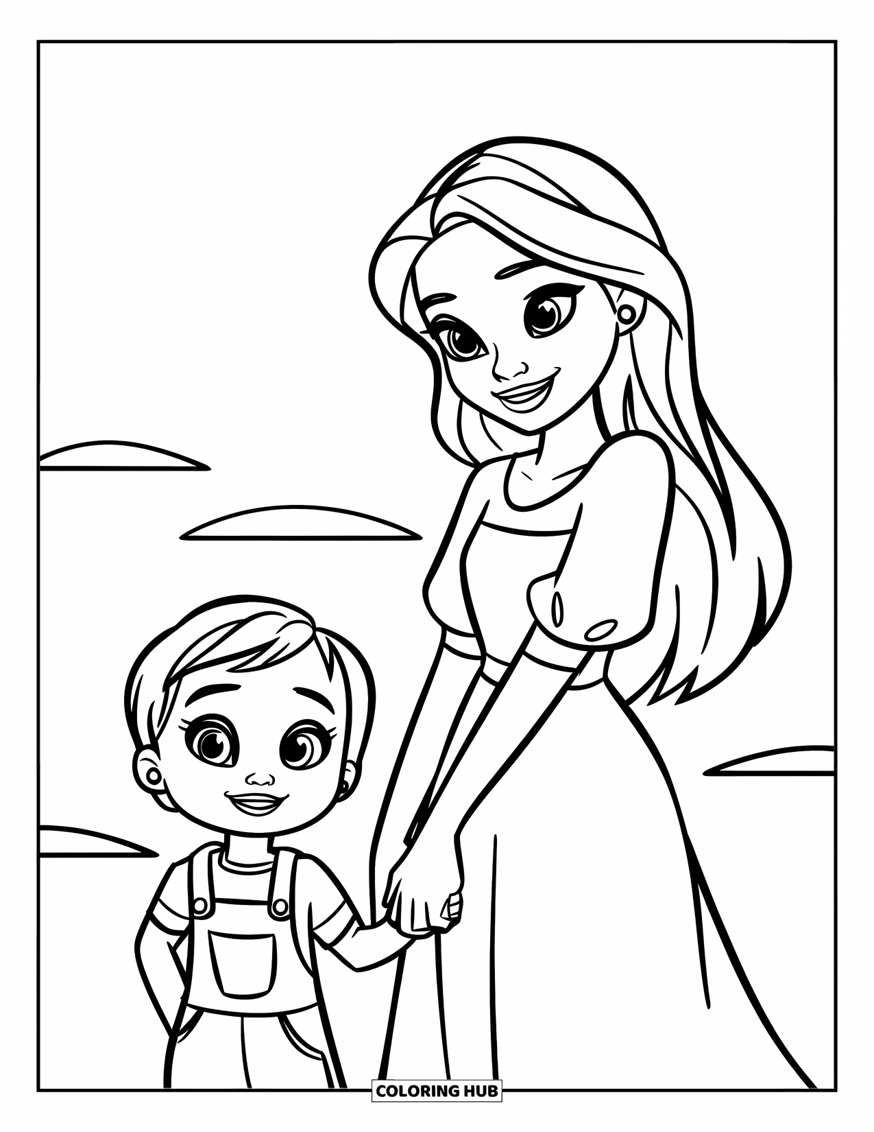 Mom Coloring Page for Kids: A cheerful mom and child hold hands surrounded by flowers