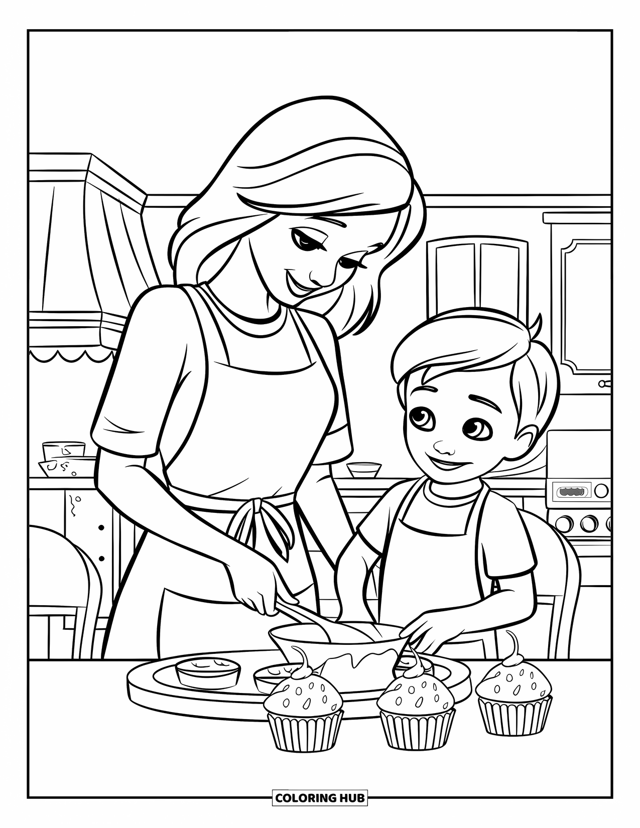 Mom Coloring Page for Kids: A cheerful mom and son bake cupcakes with colorful sprinkles