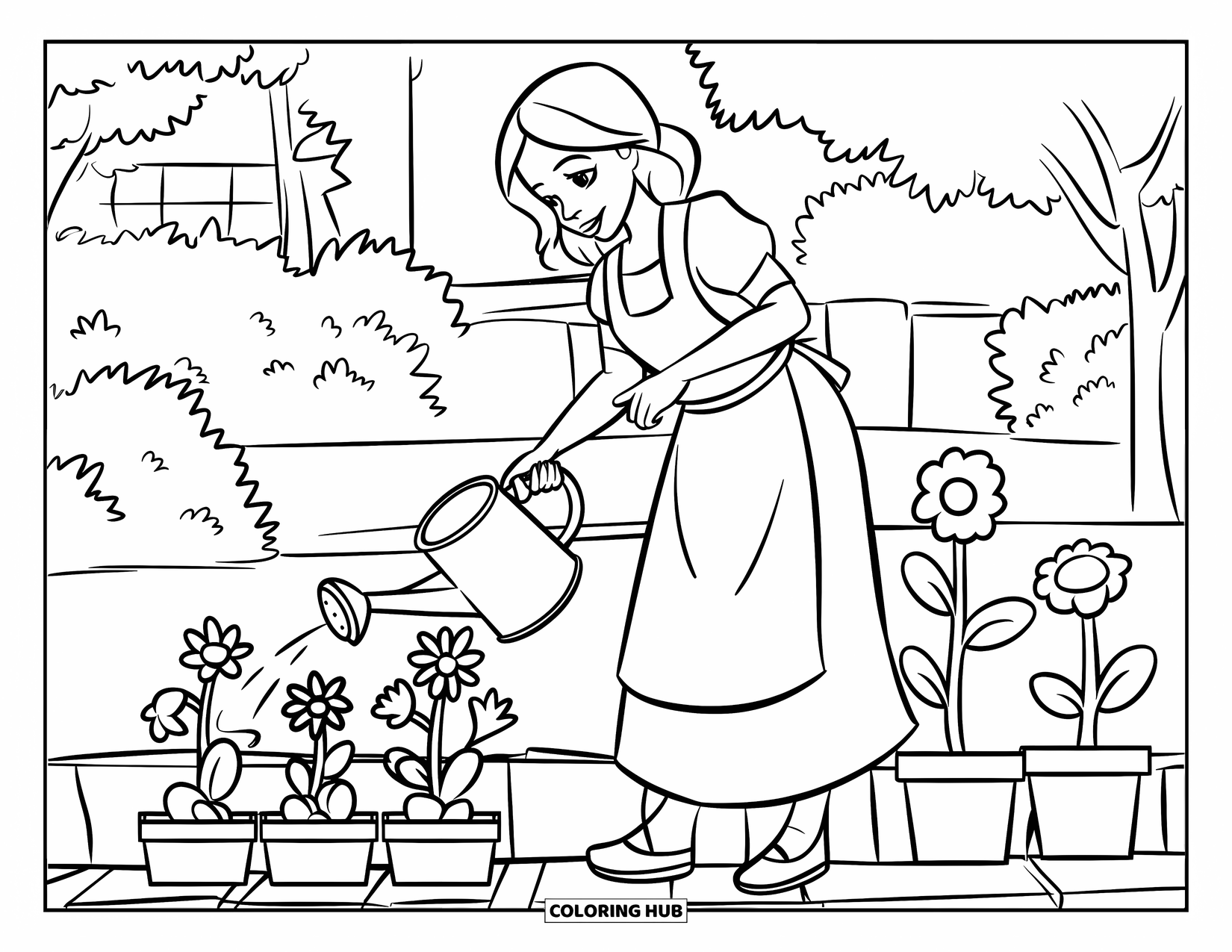Mom Coloring Page for Kids: A cheerful mom waters flowers in her cozy backyard garden