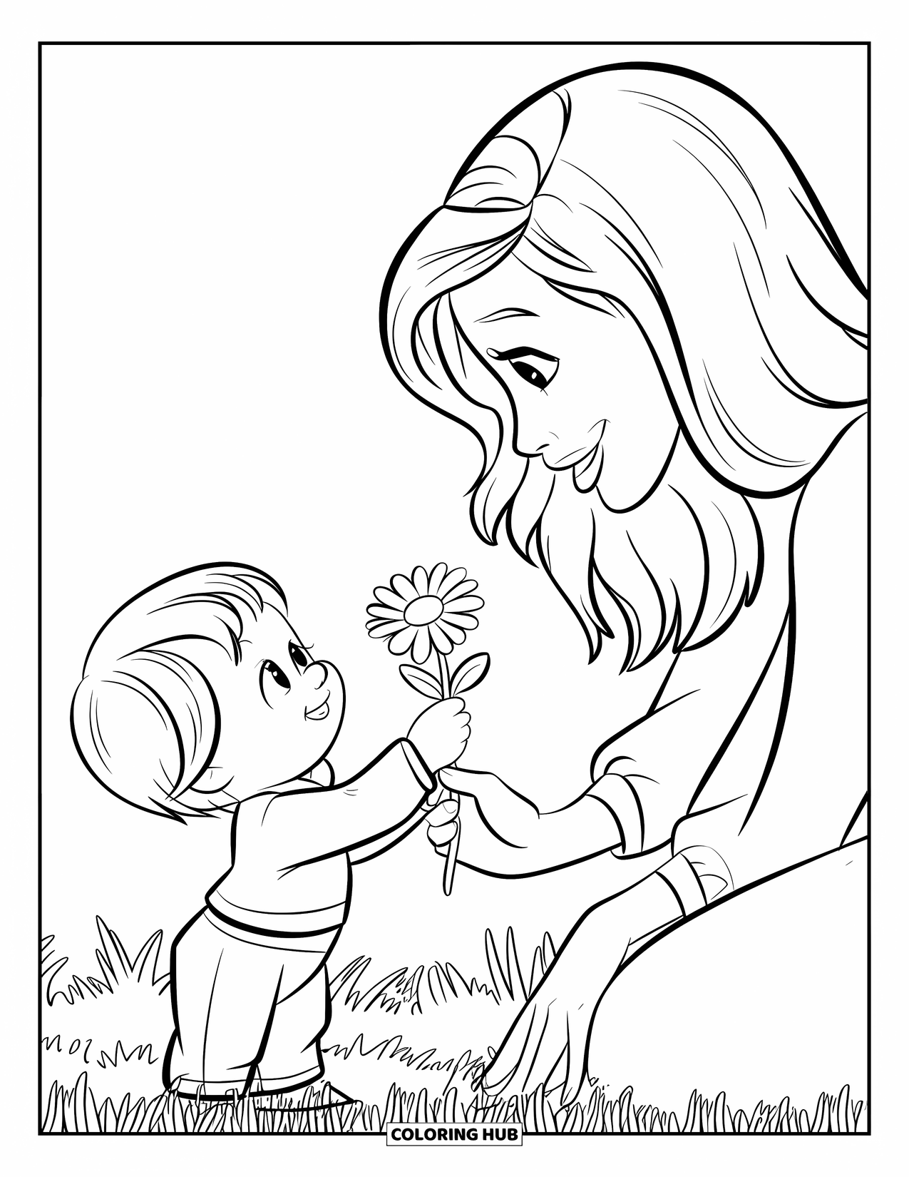 Mom Coloring Page for Kids: A child happily gives a flower to their smiling mom