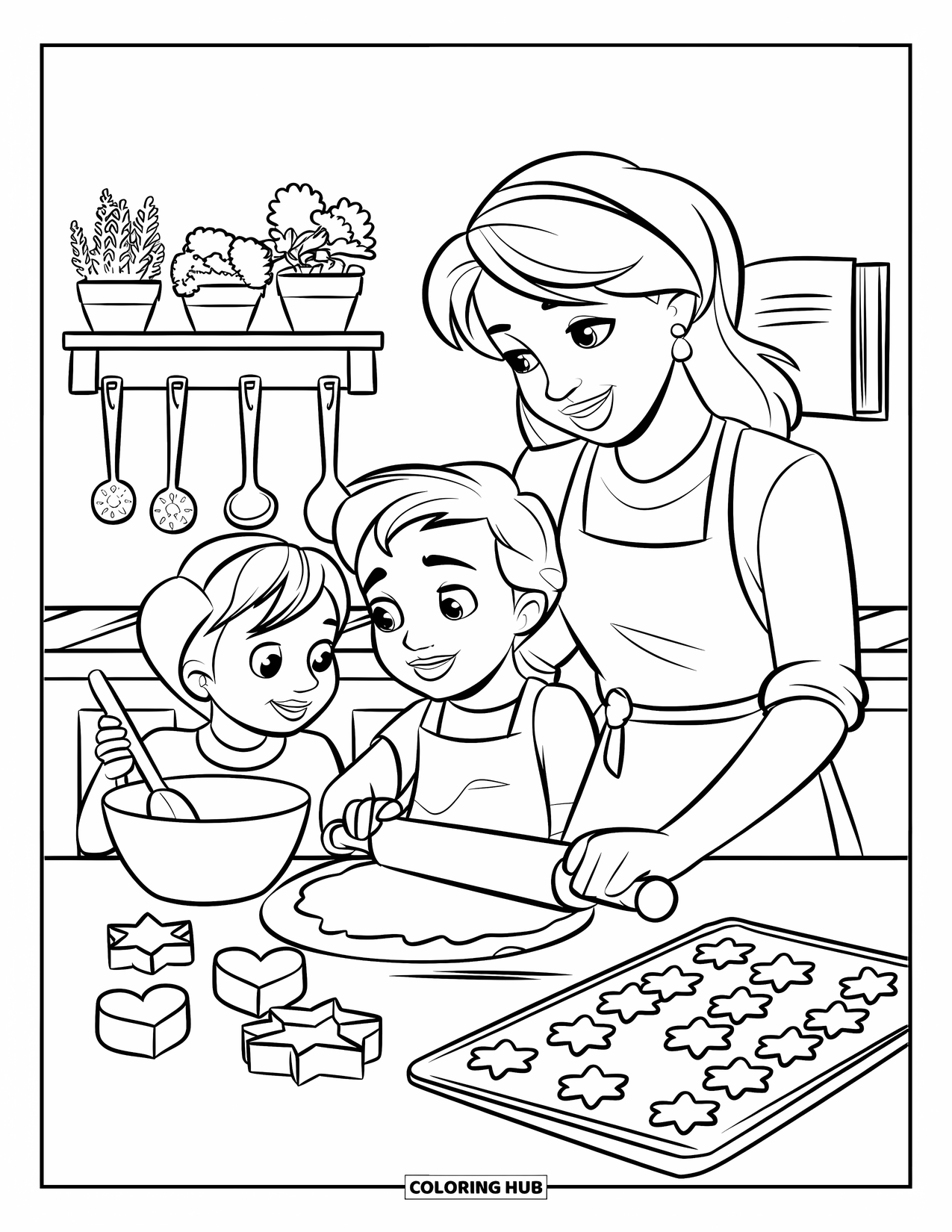 Mom Coloring Page for Kids: A cozy kitchen scene with a mom and child baking heart-shaped cookies