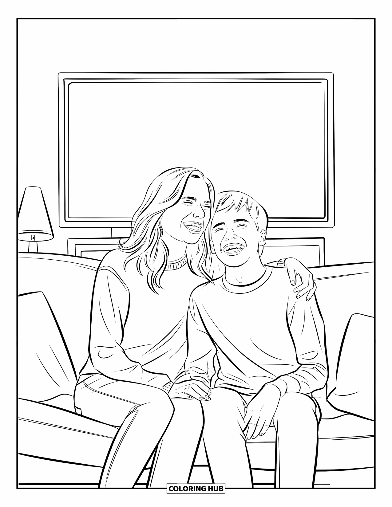 Mom Coloring Page for Kids: A cozy movie night with mom and teen son laughing on the couch