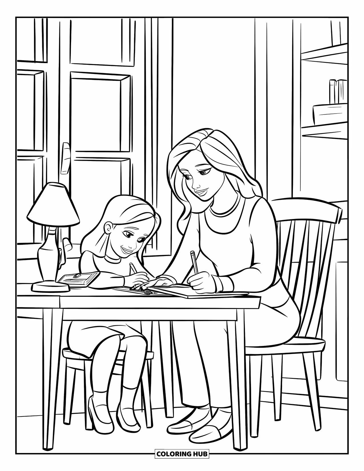 Mom Coloring Page for Kids: A cozy study time with mom and daughter working together