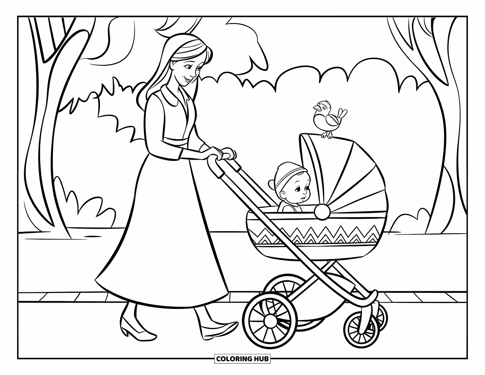 Mom Coloring Page for Kids: A happy mom walks through the park pushing a baby stroller