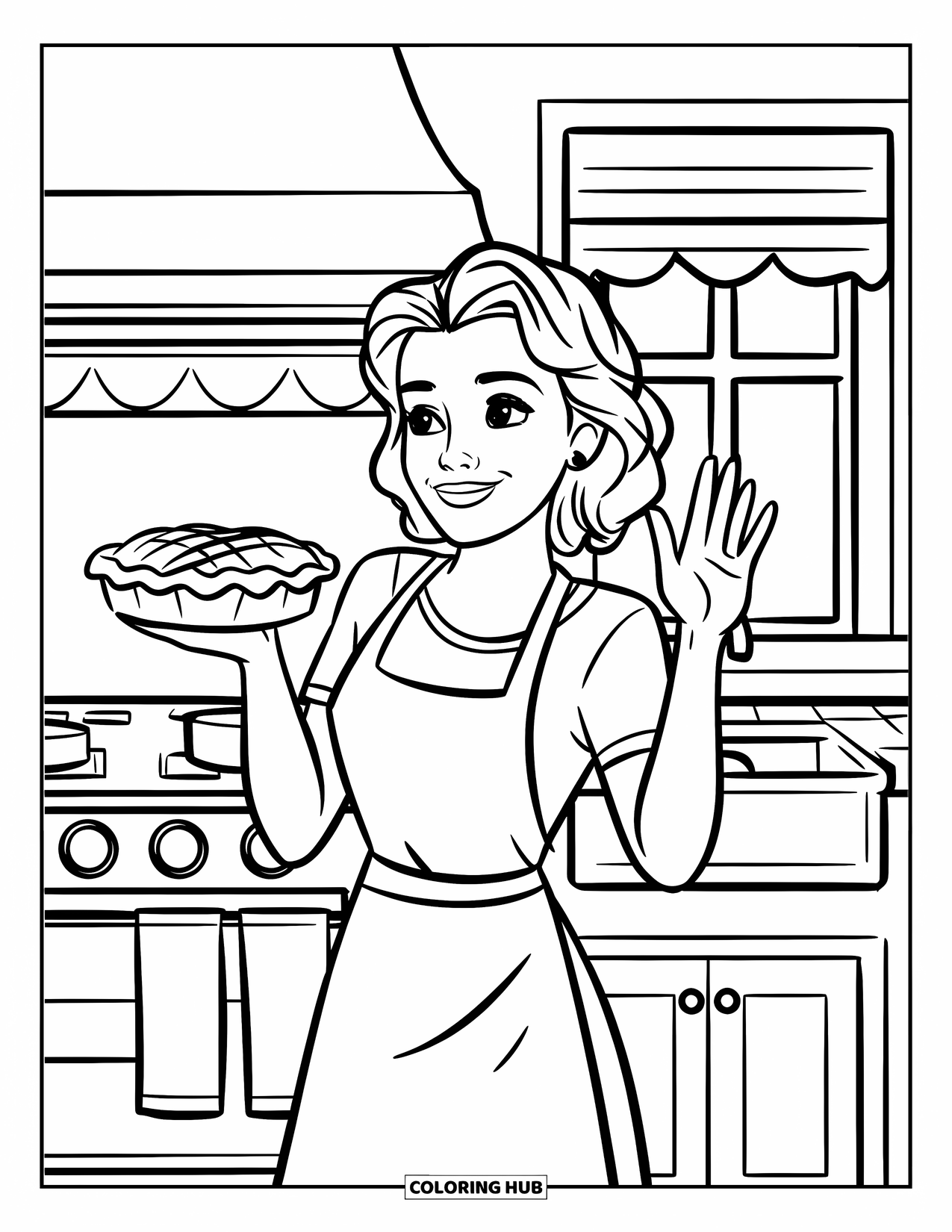 Mom Coloring Page for Kids: A happy mom waves in her kitchen holding a freshly baked pie