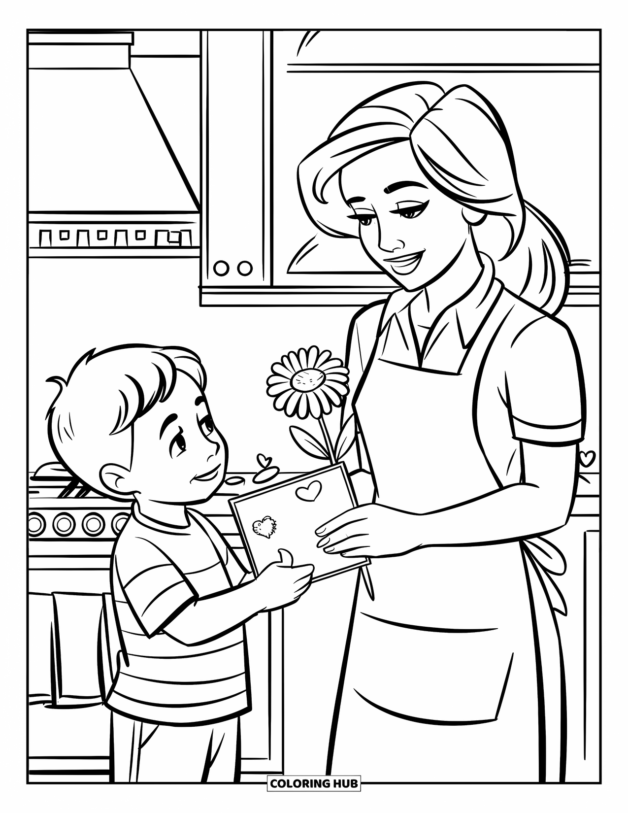 Mom Coloring Page for Kids: A heartwarming kitchen moment of a boy giving mom a card