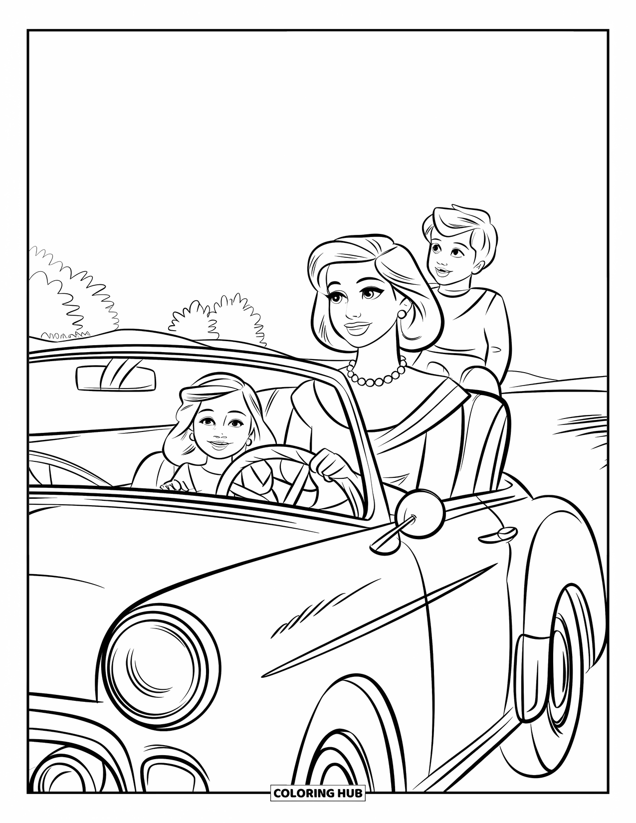 Mom Coloring Page for Kids: A joyful drive through the countryside with a mom and kids