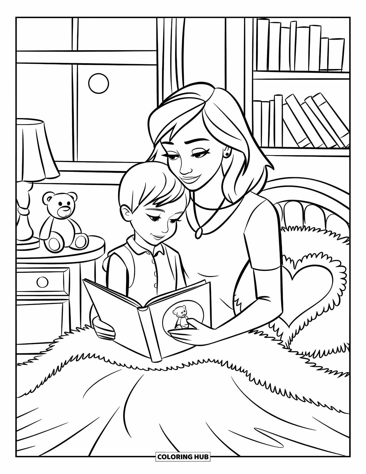 Mom Coloring Page for Kids: A loving mother and child read a story together in a cozy bedroom