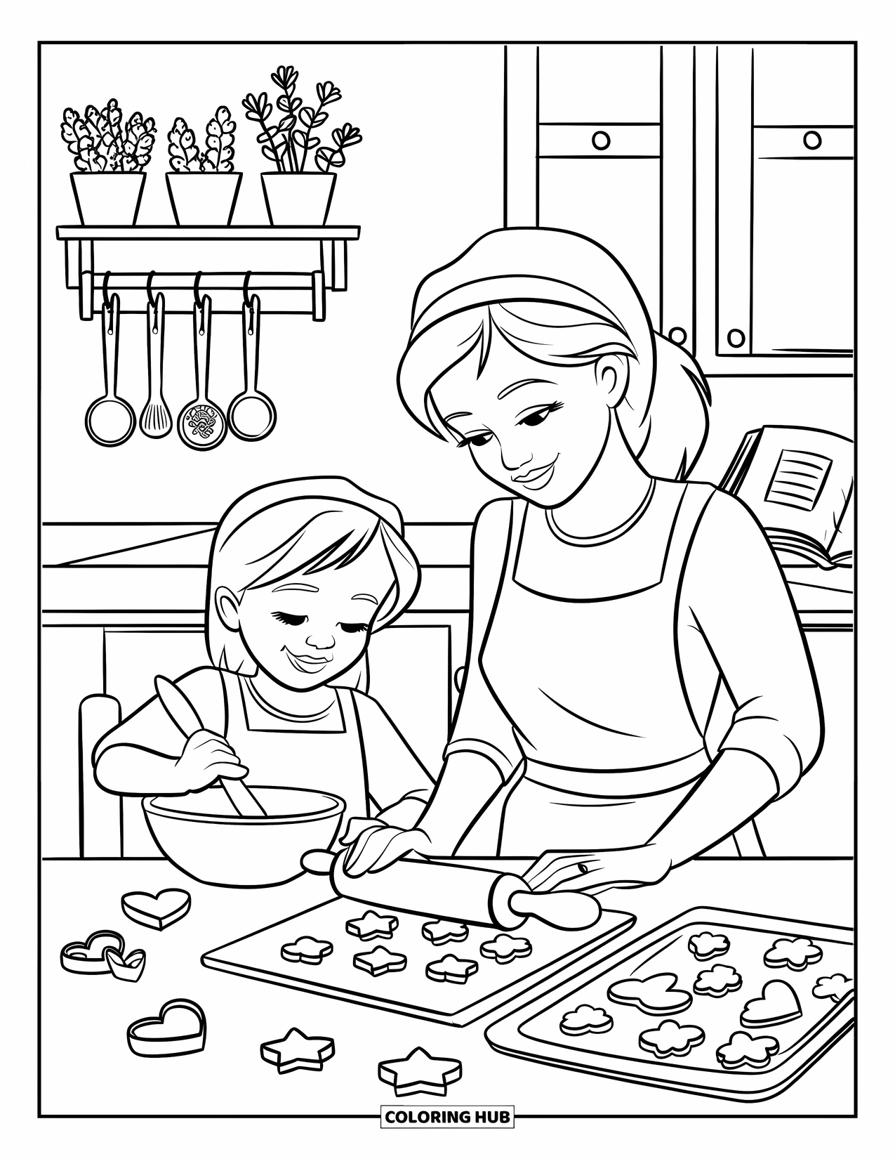 Mom Coloring Page for Kids: A mom and child bake cookies together in a warm, tidy kitchen