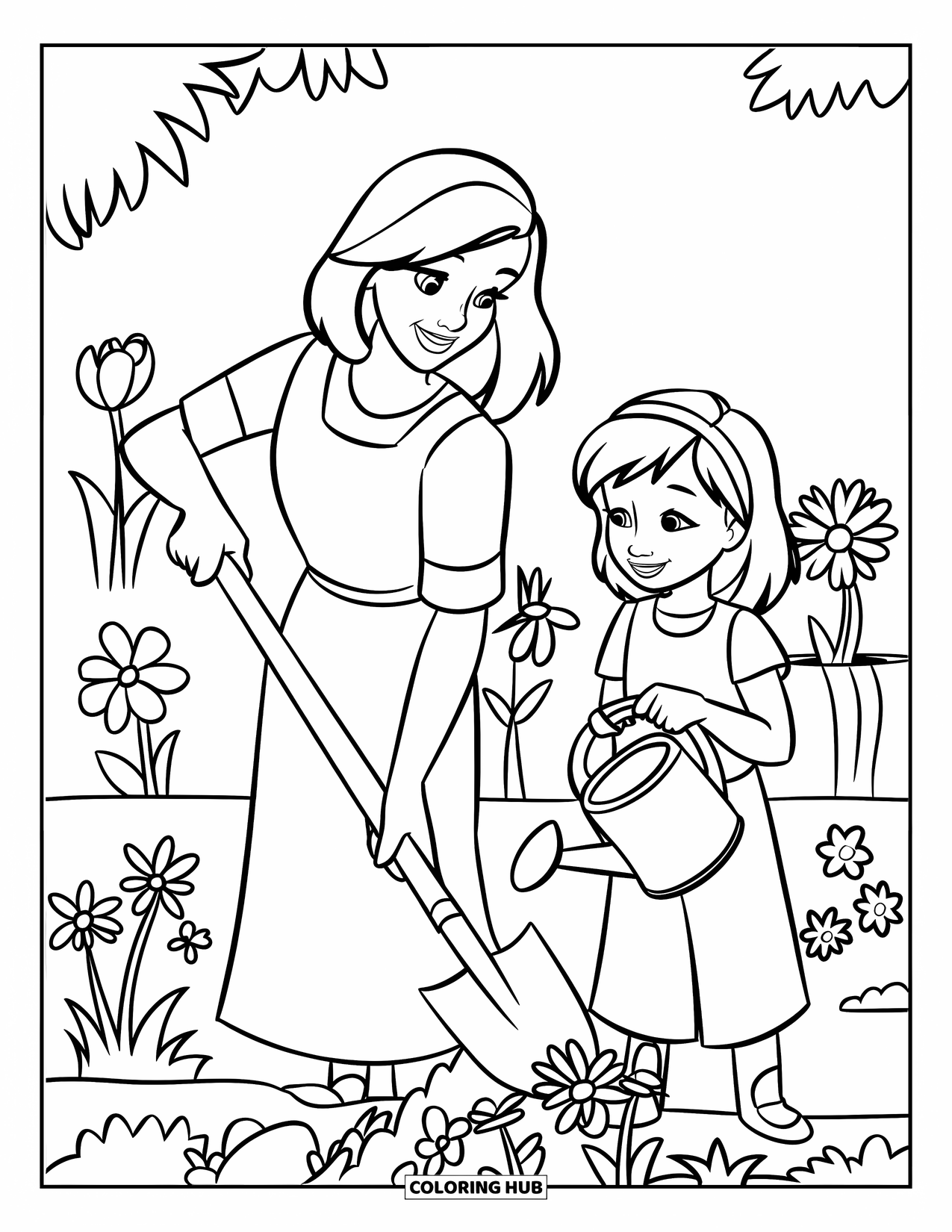 Mom Coloring Page for Kids: A mom and daughter happily work together planting garden flowers