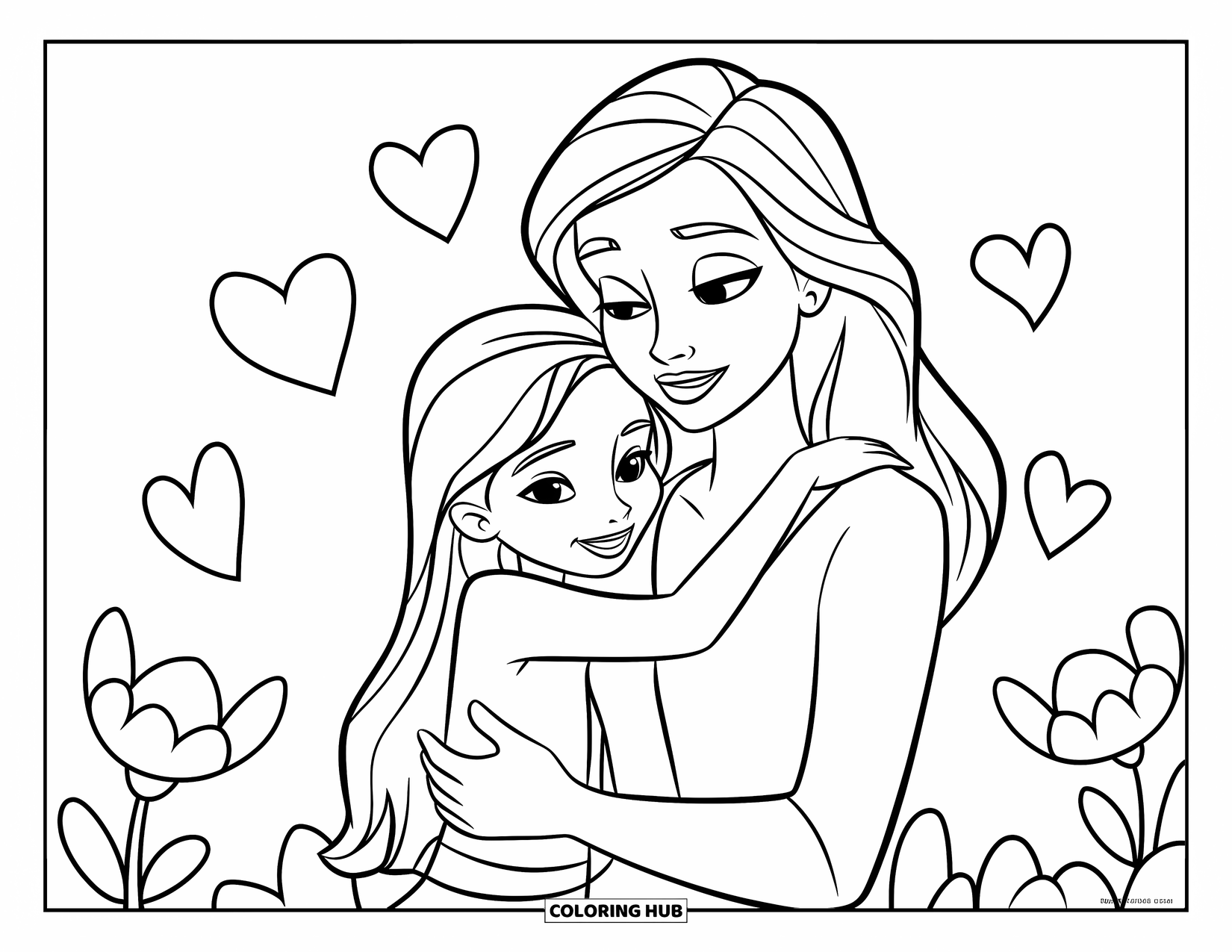 Mom Coloring Page for Kids: A mom and daughter share a heartfelt hug amid hearts and flowers
