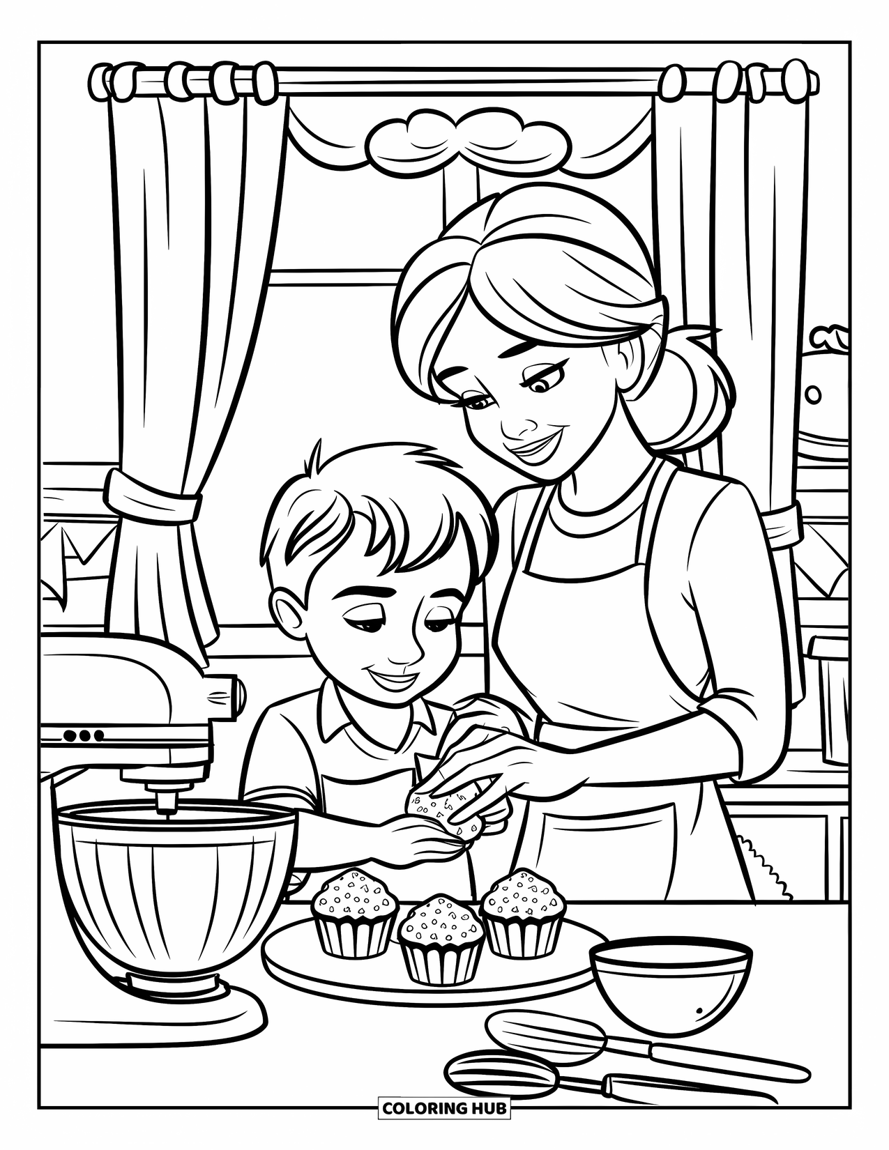 Mom Coloring Page for Kids: A mom and son bake cupcakes together in a cozy kitchen