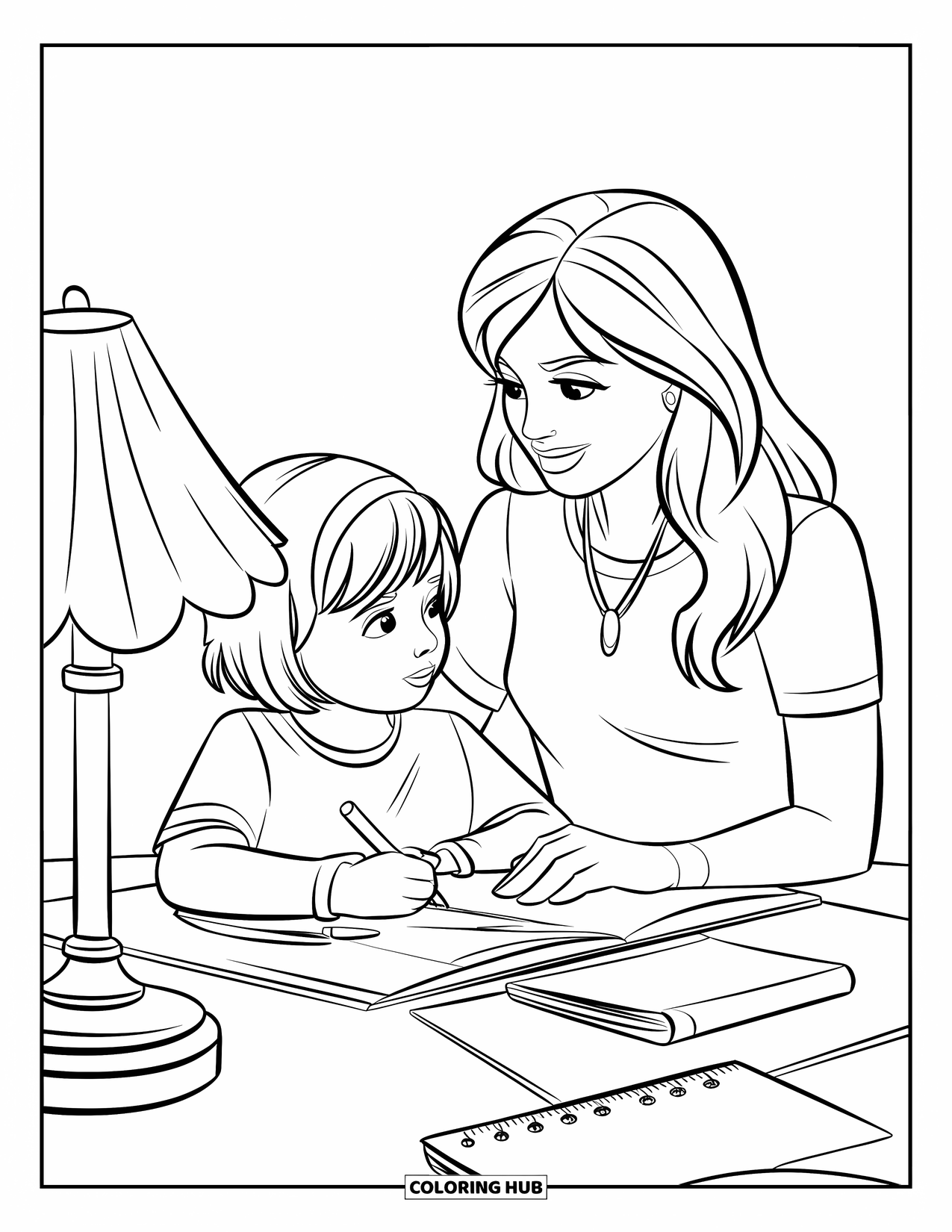 Mom Coloring Page for Kids: A mom helps her daughter with homework at a cozy table
