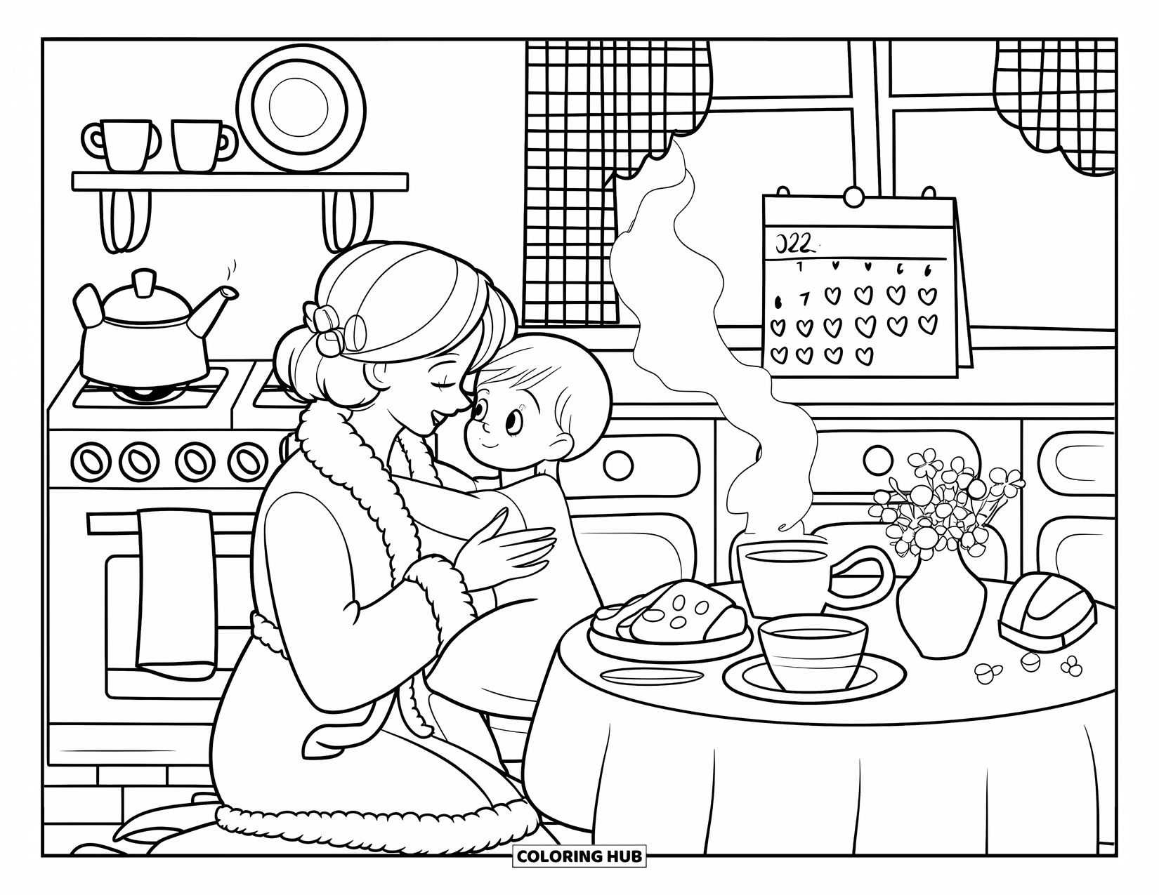 Mom Coloring Page for Kids: A mom in a robe kneels to embrace her child in a cheerful morning kitchen