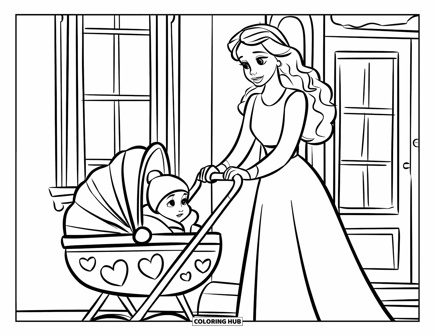 Mom Coloring Page for Kids: A mom strolls through town with her baby in a heart-decorated stroller