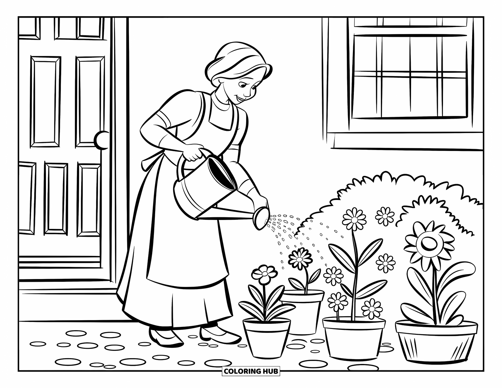 Mom Coloring Page for Kids: A mom waters bright flowers in her small home garden