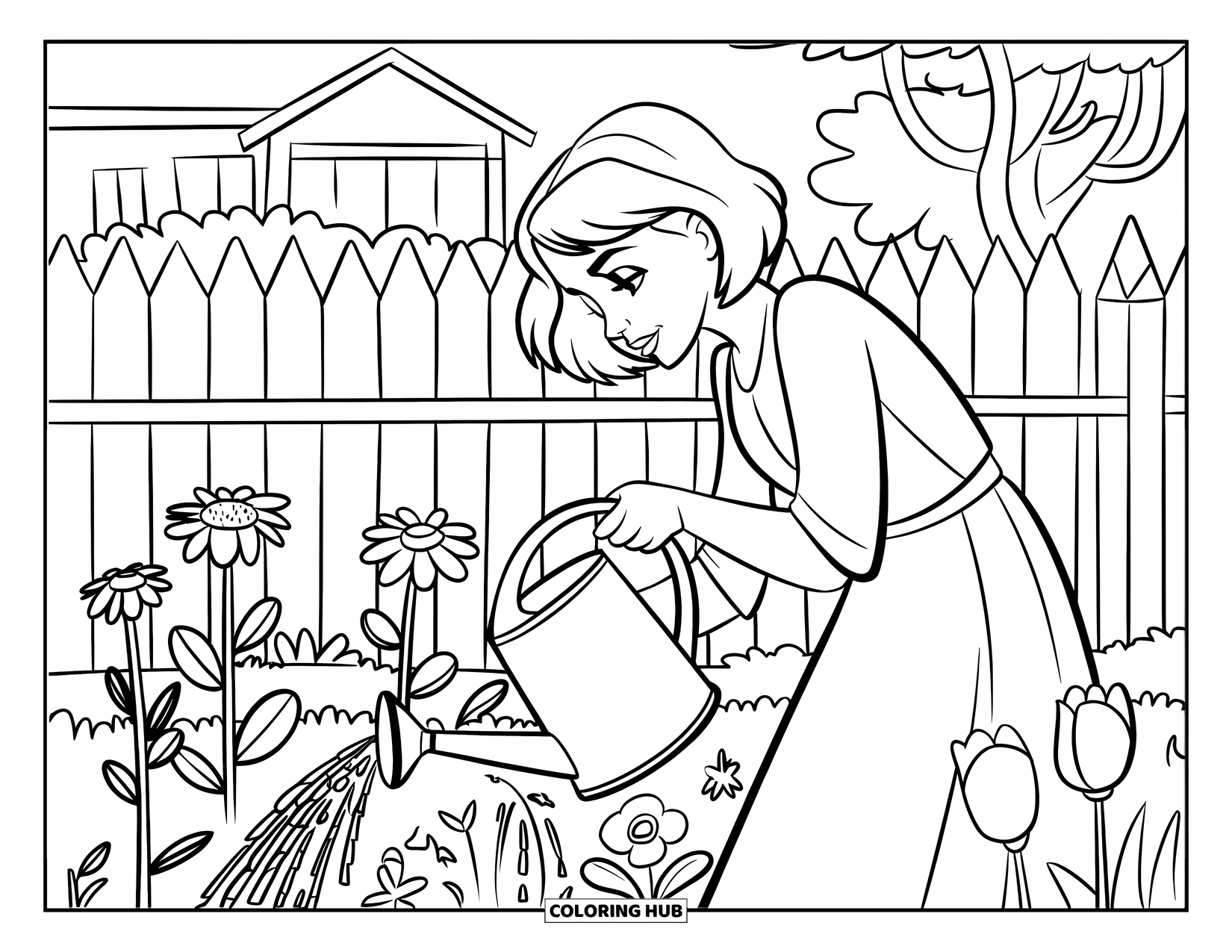 Mom Coloring Page for Kids: A mom waters her garden full of blooming flowers and greenery