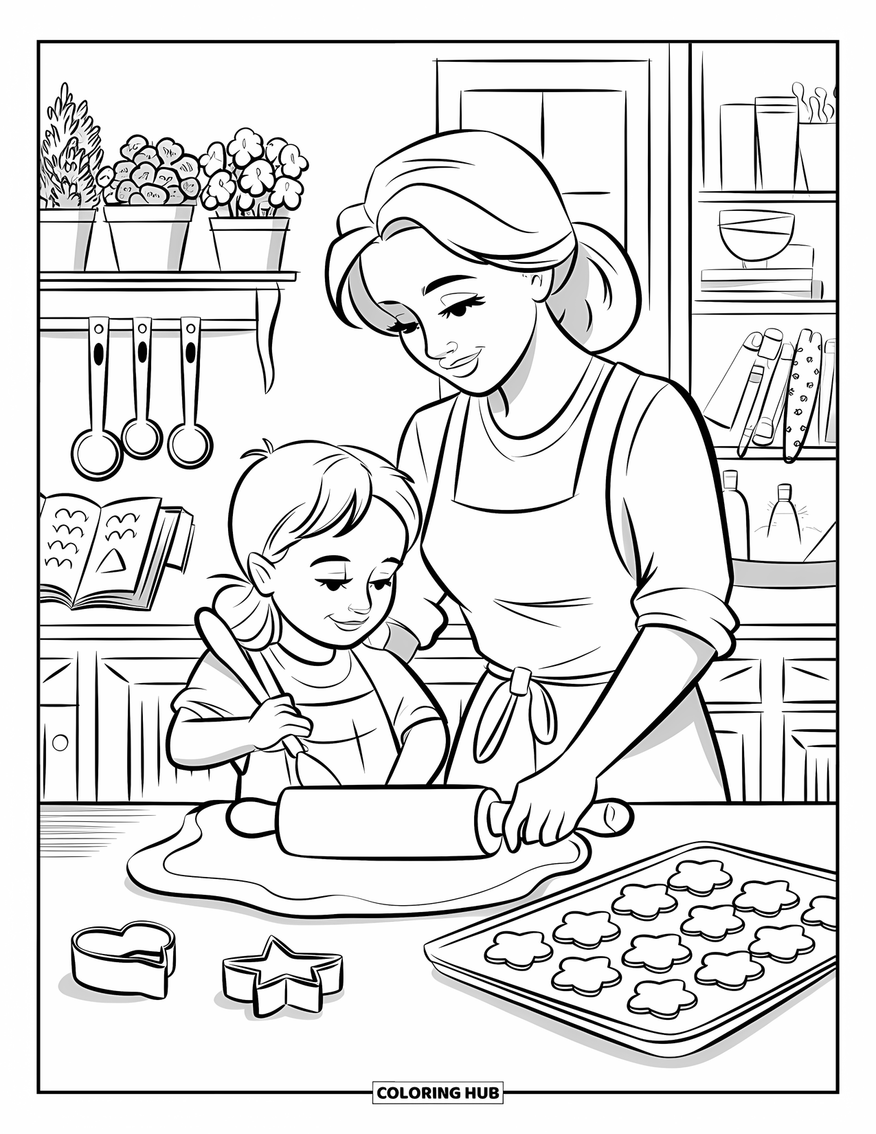 Mom Coloring Page for Kids: A mother and child smile while baking cookies on a cheerful morning