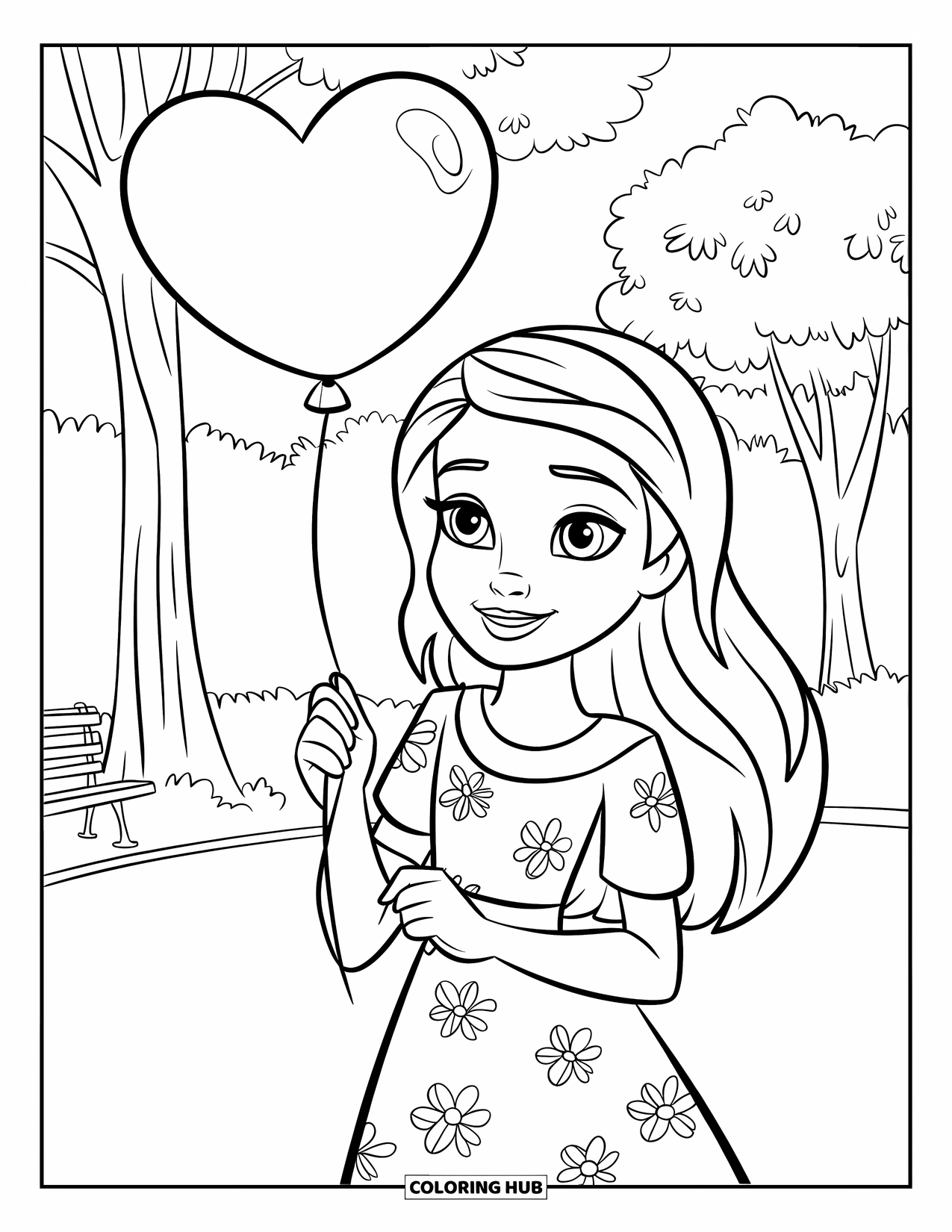 Mom Coloring Page for Kids: A smiling mom holds a heart balloon while standing by a bench