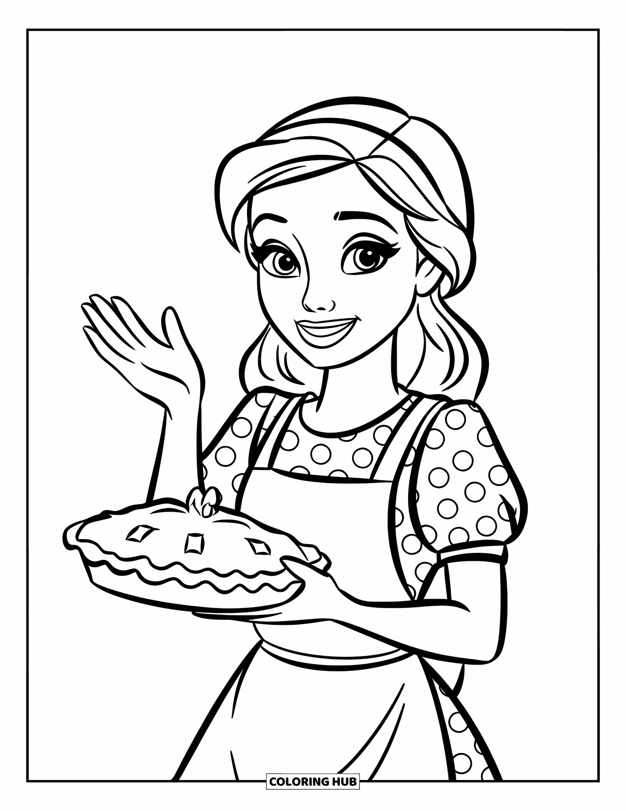 Mom Coloring Page for Kids: A smiling mom waves while holding a pie fresh from the oven