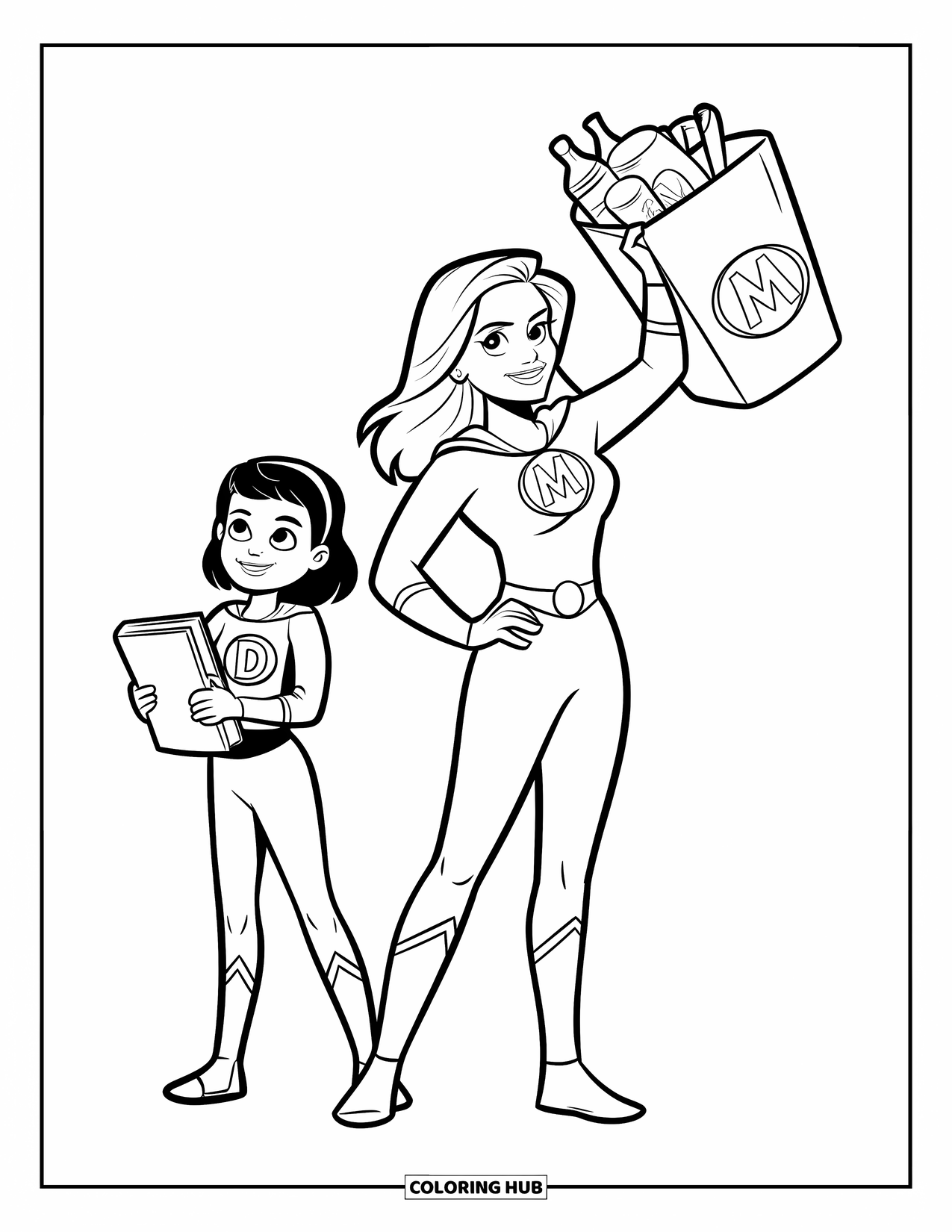 Mom Coloring Page for Kids: A strong superhero mom carries groceries while her daughter smiles proudly