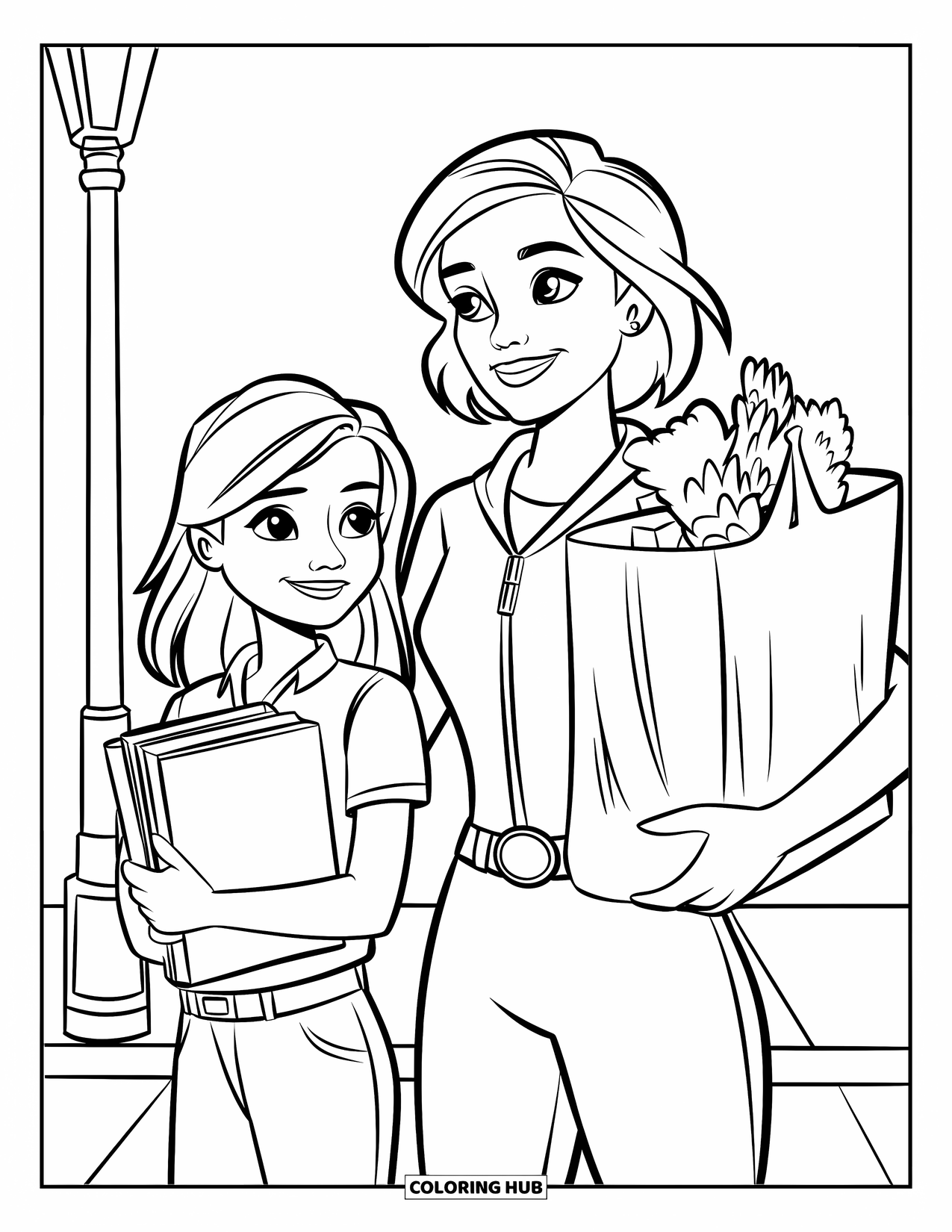 Mom Coloring Page for Kids: A superhero mom and daughter stand proudly on a sunny sidewalk