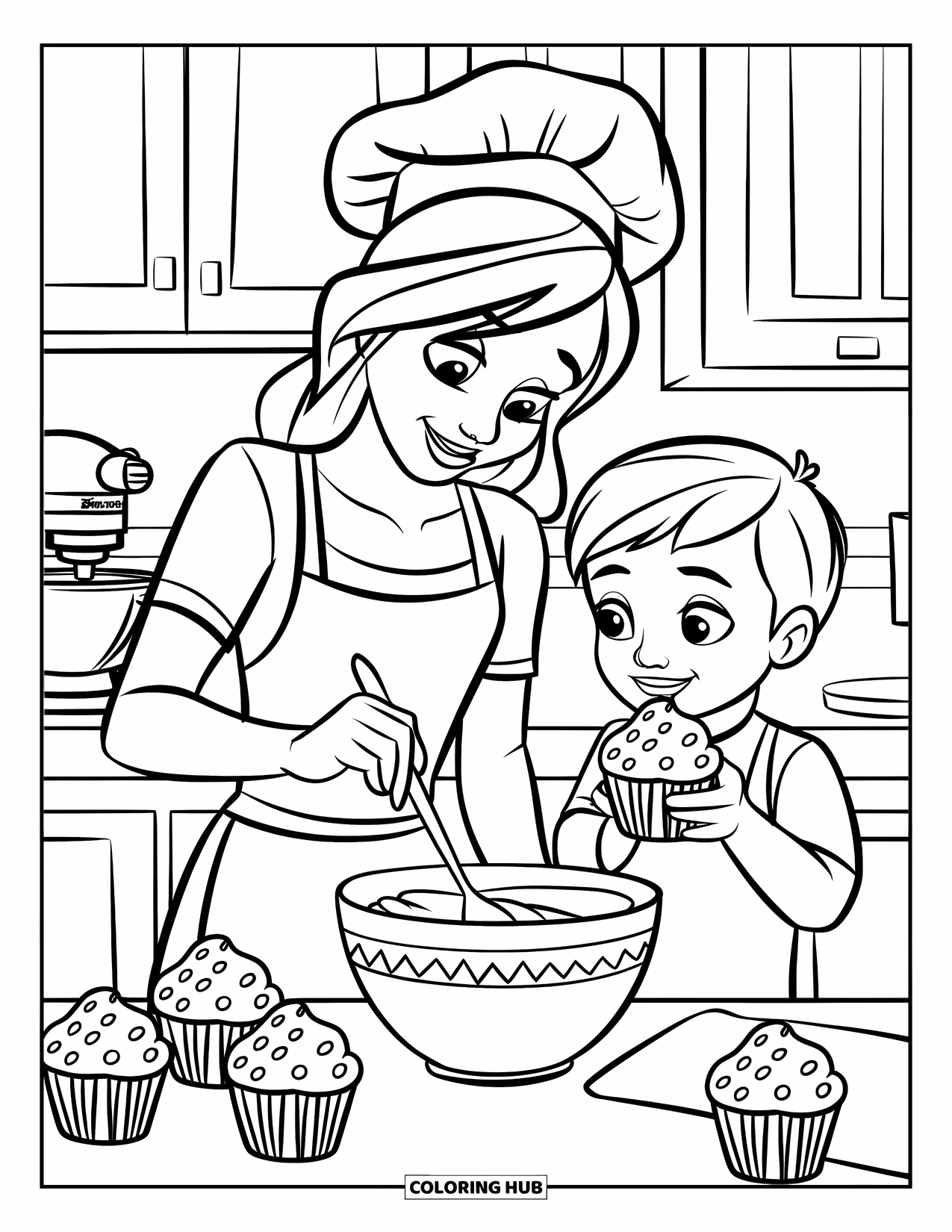 Mom Coloring Page for Kids: A sweet kitchen moment of a mom and son baking cupcakes