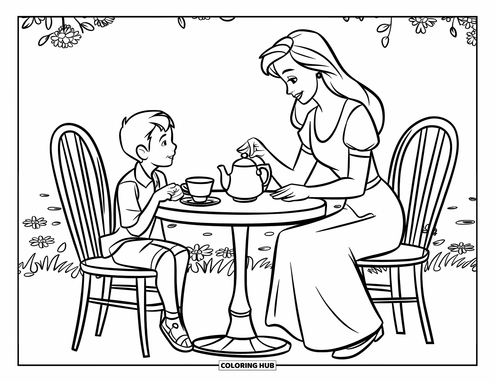 Mom Coloring Page for Kids: A sweet tea time between a mom and son in a sunny garden