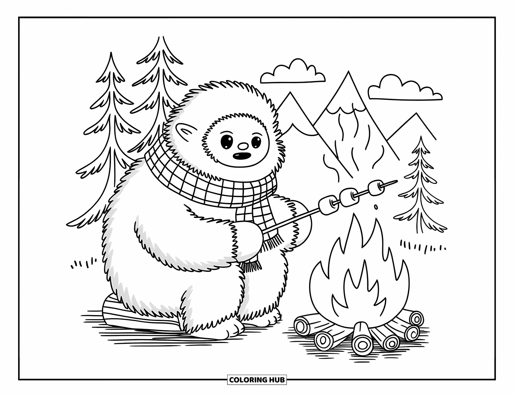 Mythical Creatures Coloring Page for Adults: A cozy yeti toasts marshmallows beside a fire under mountain pines