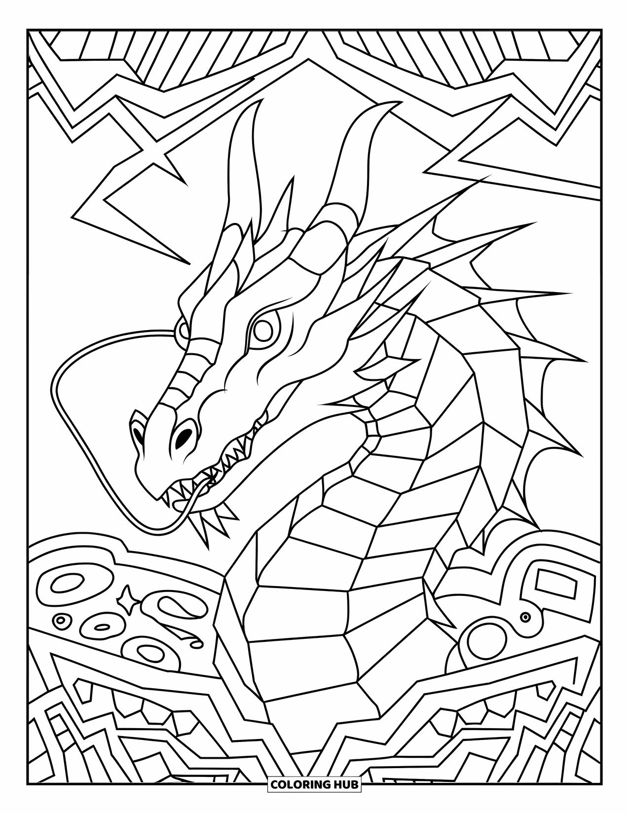 Mythical Creatures Coloring Page for Adults: A fierce dragon emerges from an intricate geometric pattern