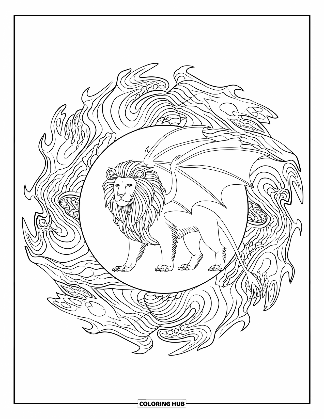 Mythical Creatures Coloring Page for Adults: A fierce manticore rests amid swirling flame and wave patterns
